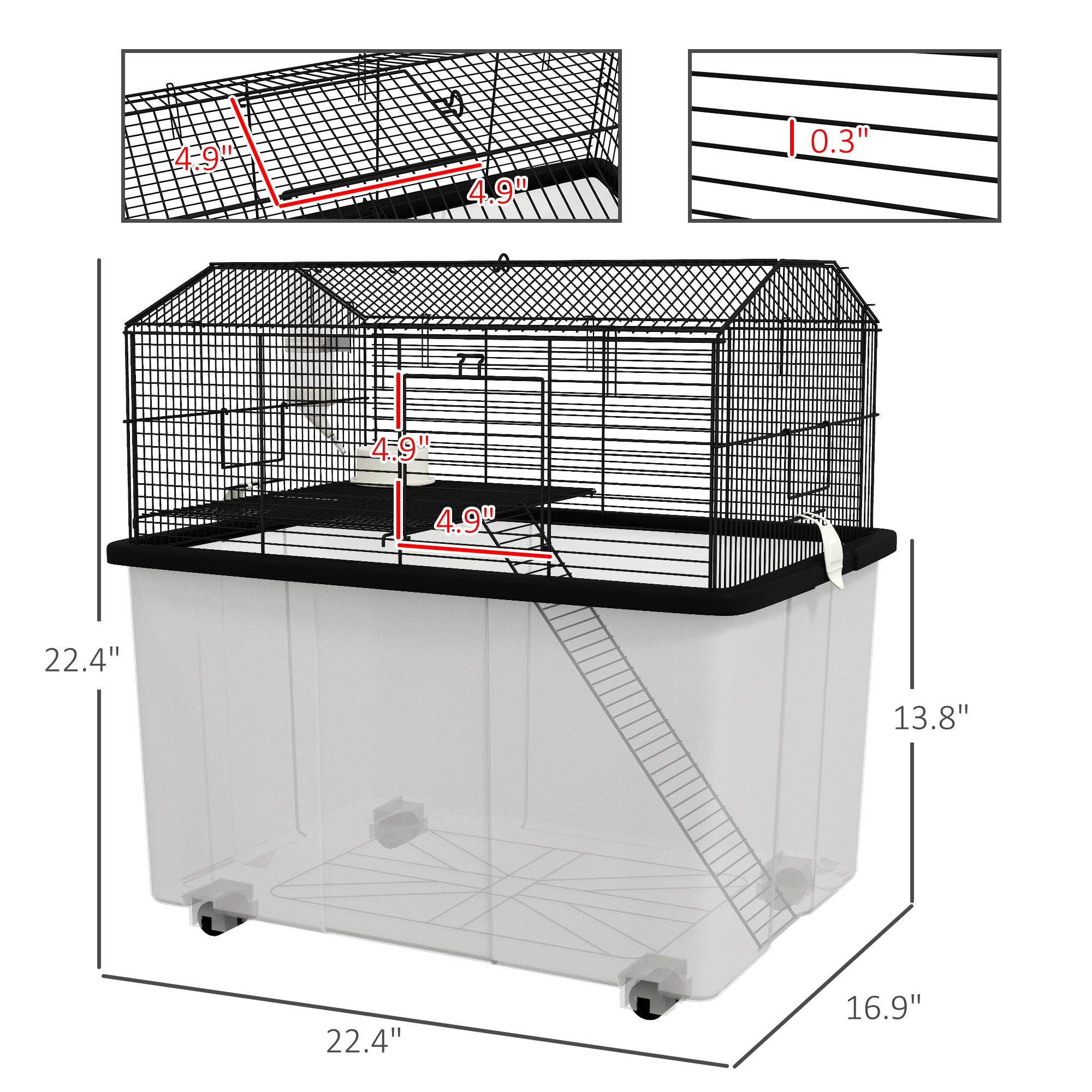 PawHut Hamster Cage, Gerbil Cage 2 Tier with Wheels, Deep Bottom, Ramp, Food Dish, Water Bottle, for Dwarf Hamster, Syrian Hamster, 57 x 43 x 57cm - Black