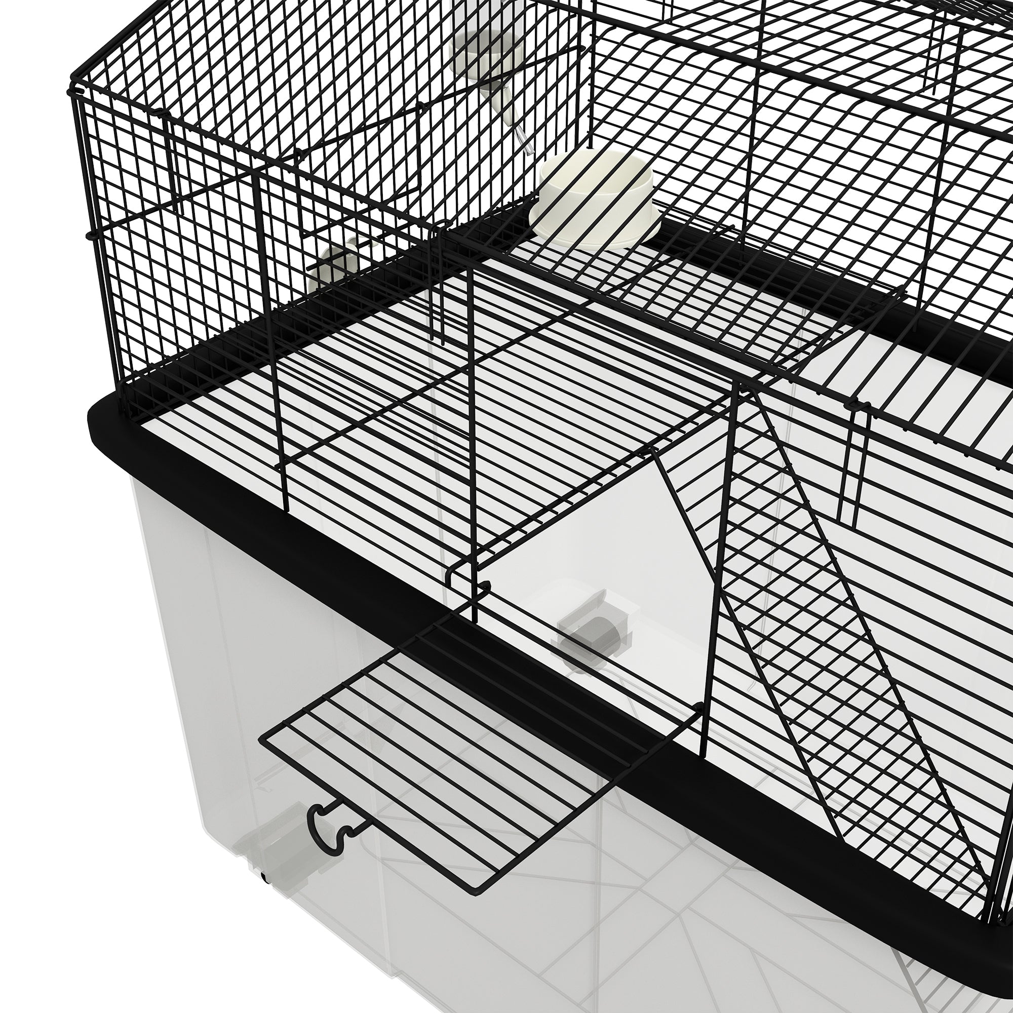 PawHut Hamster Cage, Gerbil Cage 2 Tier with Wheels, Deep Bottom, Ramp, Food Dish, Water Bottle, for Dwarf Hamster, Syrian Hamster, 57 x 43 x 57cm - Black