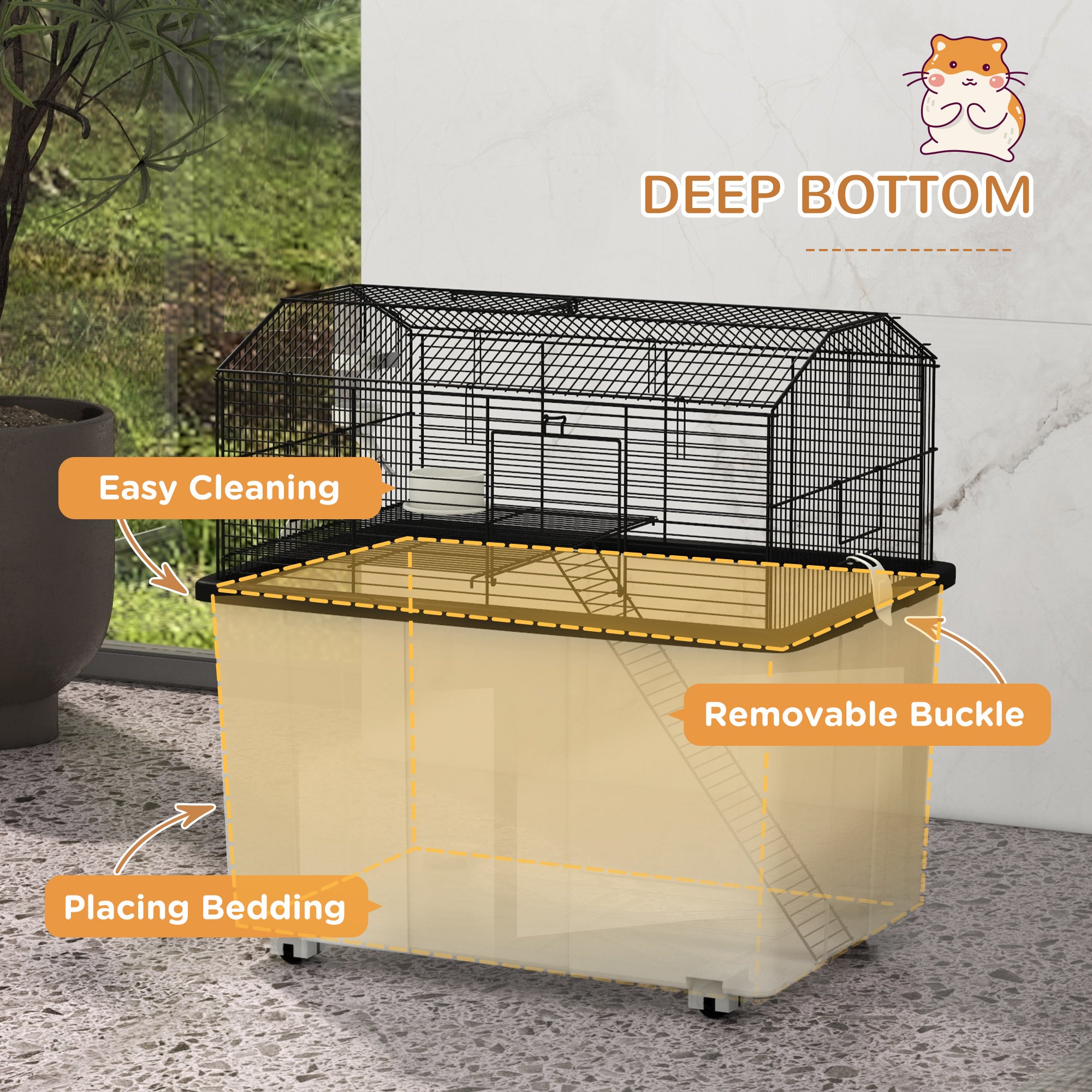 PawHut Hamster Cage, Gerbil Cage 2 Tier with Wheels, Deep Bottom, Ramp, Food Dish, Water Bottle, for Dwarf Hamster, Syrian Hamster, 57 x 43 x 57cm - Black