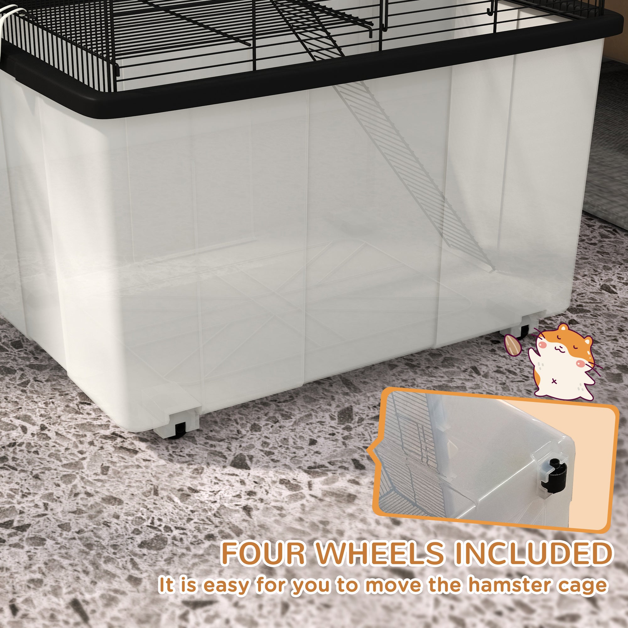 PawHut Hamster Cage, Gerbil Cage 2 Tier with Wheels, Deep Bottom, Ramp, Food Dish, Water Bottle, for Dwarf Hamster, Syrian Hamster, 57 x 43 x 57cm - Black
