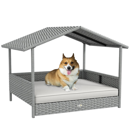PawHut Wicker Dog House Outdoor with Canopy, Rattan Dog Bed with Water-resistant Cushion, Raised Dog Bed for Small, Medium Dogs up to 66 lbs, 19.75" in Length, Silver Wicker, White Cushion