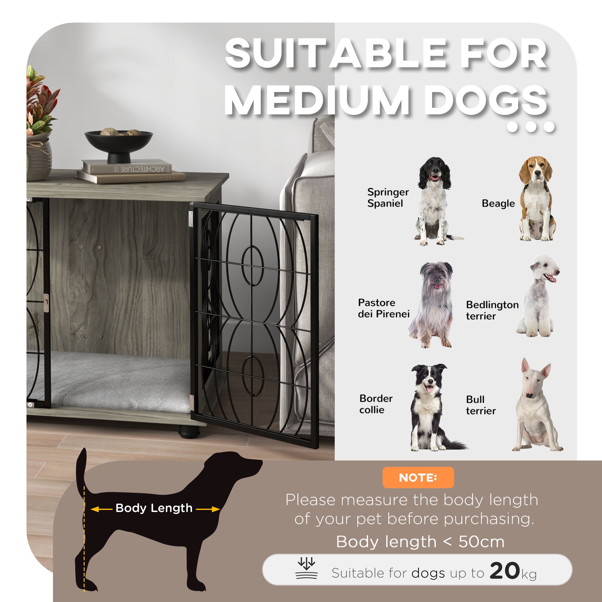 Dog Crate Furniture, Dog Cage End Table with Large Top, Soft Washable Cushion, Lockable Front Door, Wire Mesh Ventilation, Indoor Pet Crate for Medium Sized, 80 x 56 x 63cm - Grey