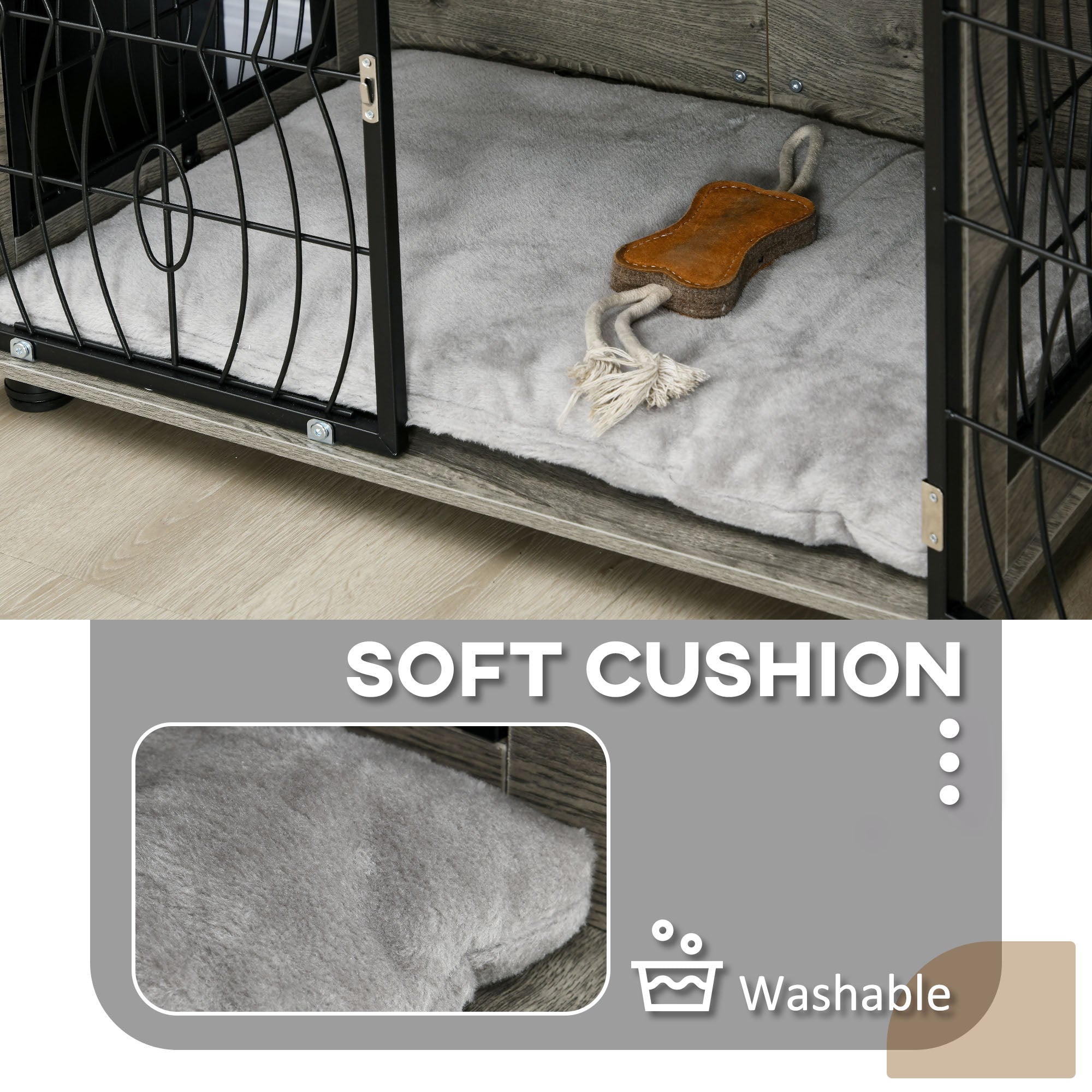 Dog Crate Furniture, Dog Cage End Table with Large Top, Soft Washable Cushion, Lockable Front Door, Wire Mesh Ventilation, Indoor Pet Crate for Medium Sized, 80 x 56 x 63cm - Grey