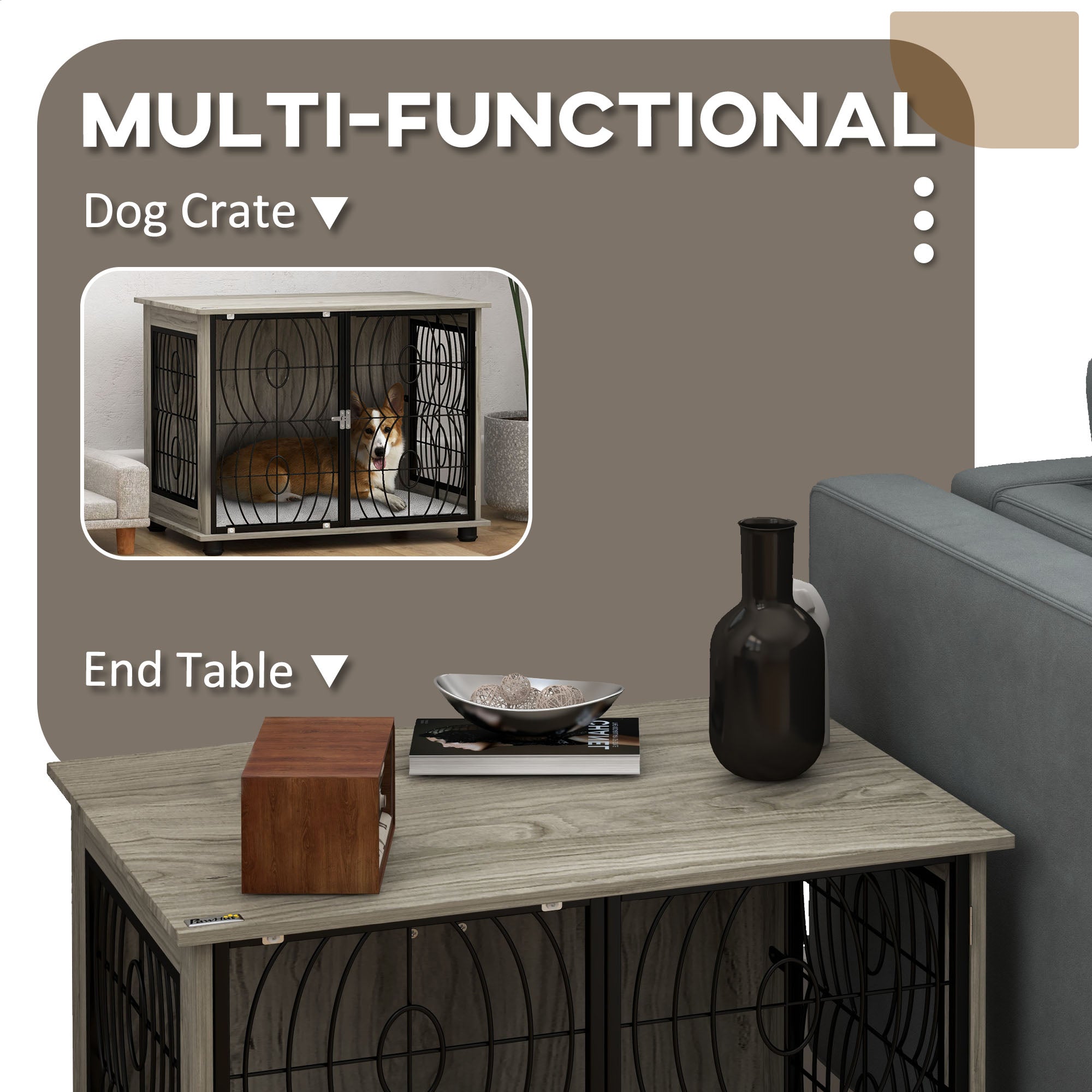 Dog Crate Furniture, Dog Cage End Table with Large Top, Soft Washable Cushion, Lockable Front Door, Wire Mesh Ventilation, Indoor Pet Crate for Medium Sized, 80 x 56 x 63cm - Grey