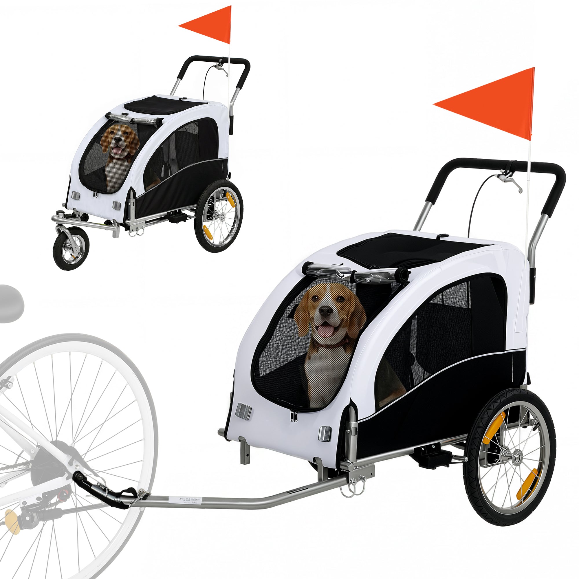 Dog Bike Trailer, 2-in-1 Pet Stroller Cart Bicycle Carrier, Folding Cart Frame with Suspension, Universal Bicycle Coupler, Reflectors, Flag, for Medium Dogs Up to 44 LBS, White