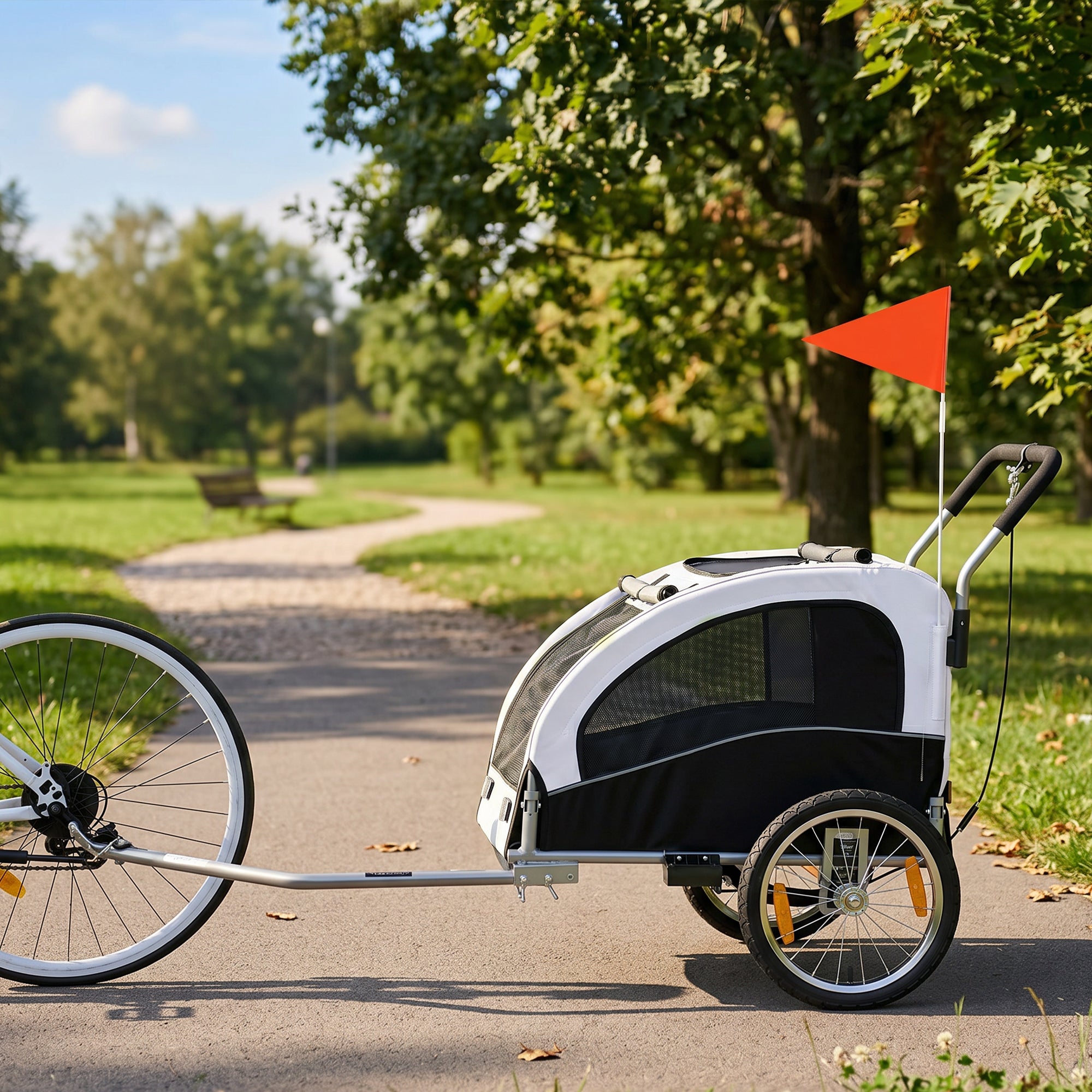 Dog Bike Trailer, 2-in-1 Pet Stroller Cart Bicycle Carrier, Folding Cart Frame with Suspension, Universal Bicycle Coupler, Reflectors, Flag, for Medium Dogs Up to 44 LBS, White