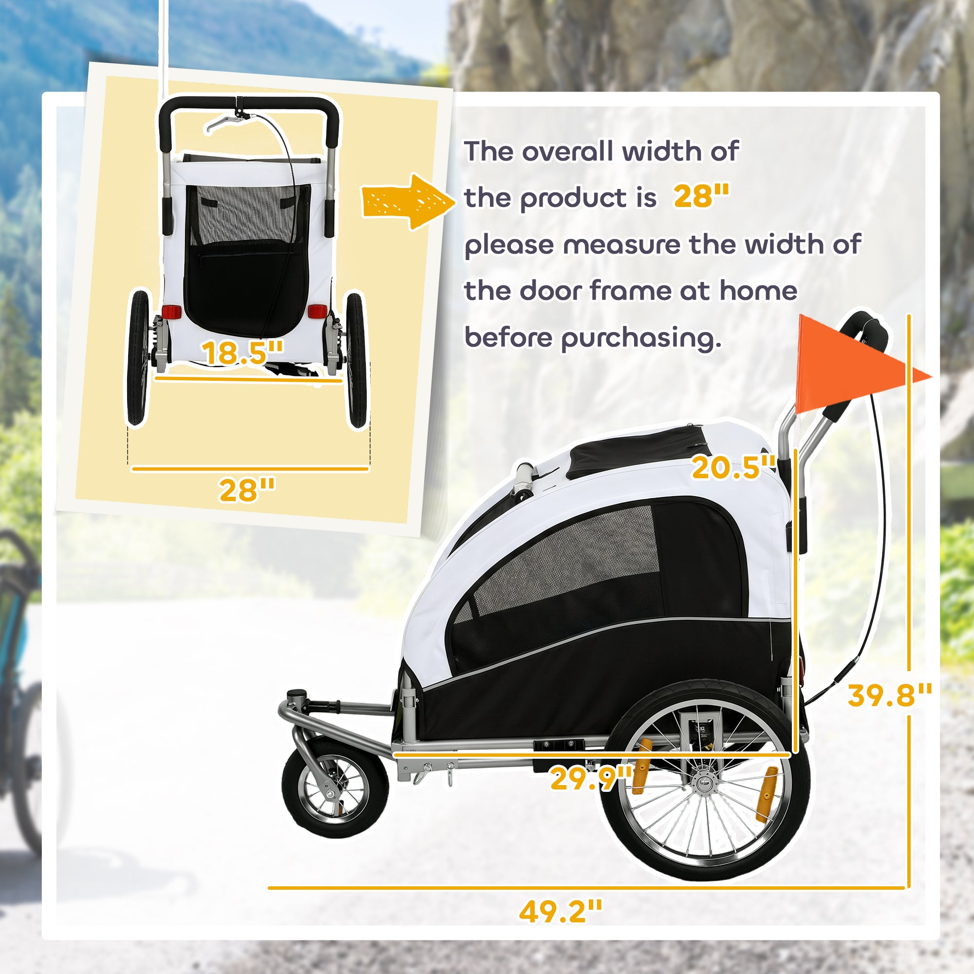Dog Bike Trailer, 2-in-1 Pet Stroller Cart Bicycle Carrier, Folding Cart Frame with Suspension, Universal Bicycle Coupler, Reflectors, Flag, for Medium Dogs Up to 44 LBS, White