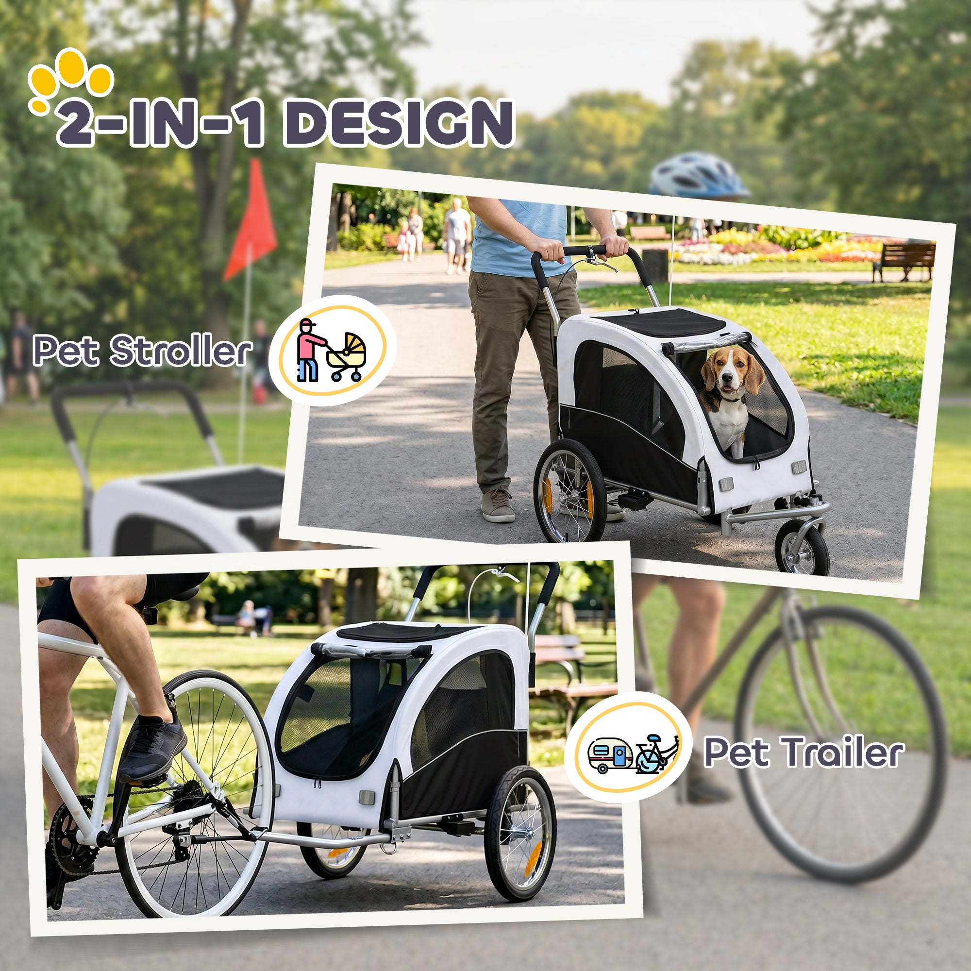 Dog Bike Trailer, 2-in-1 Pet Stroller Cart Bicycle Carrier, Folding Cart Frame with Suspension, Universal Bicycle Coupler, Reflectors, Flag, for Medium Dogs Up to 44 LBS, White