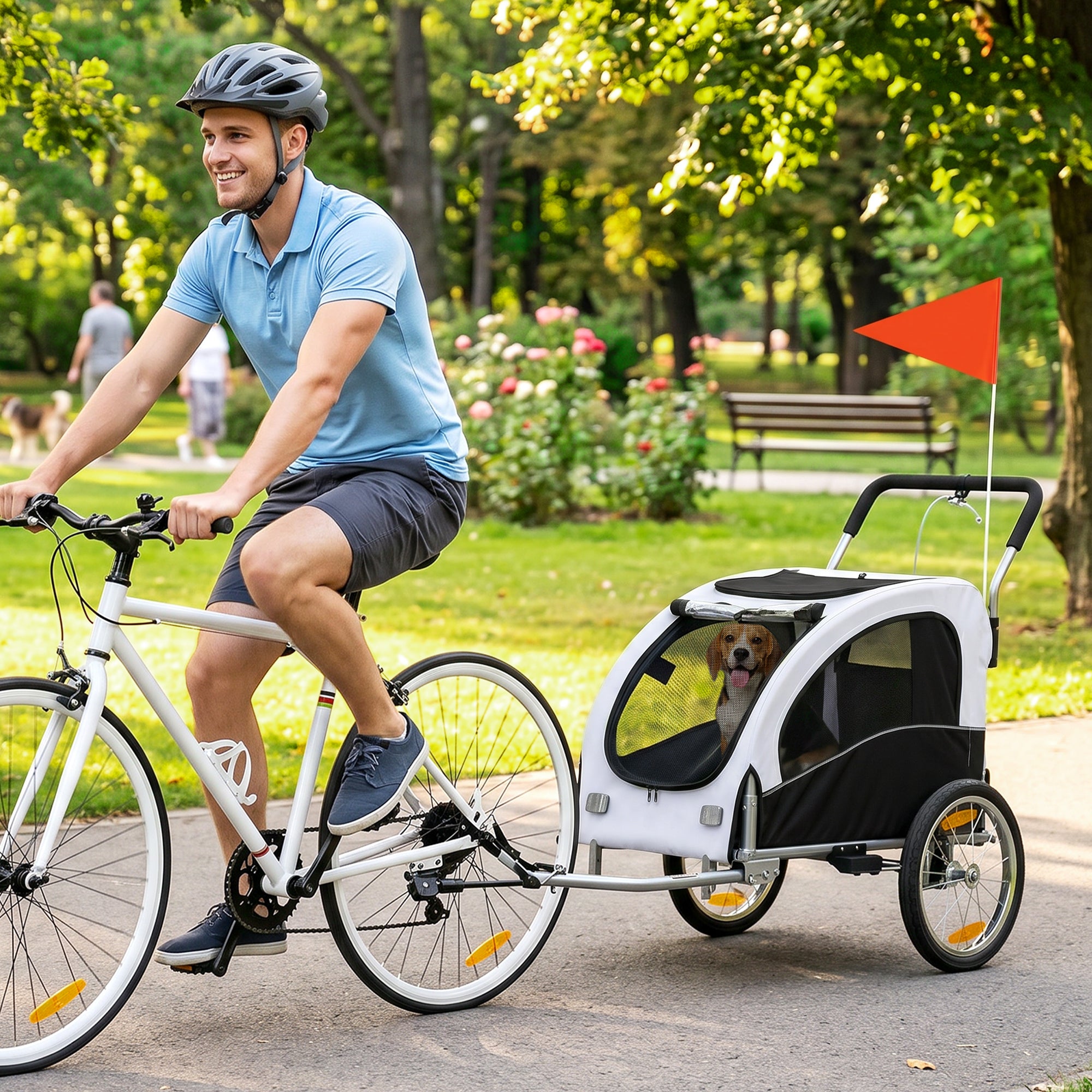 Dog Bike Trailer, 2-in-1 Pet Stroller Cart Bicycle Carrier, Folding Cart Frame with Suspension, Universal Bicycle Coupler, Reflectors, Flag, for Medium Dogs Up to 44 LBS, White