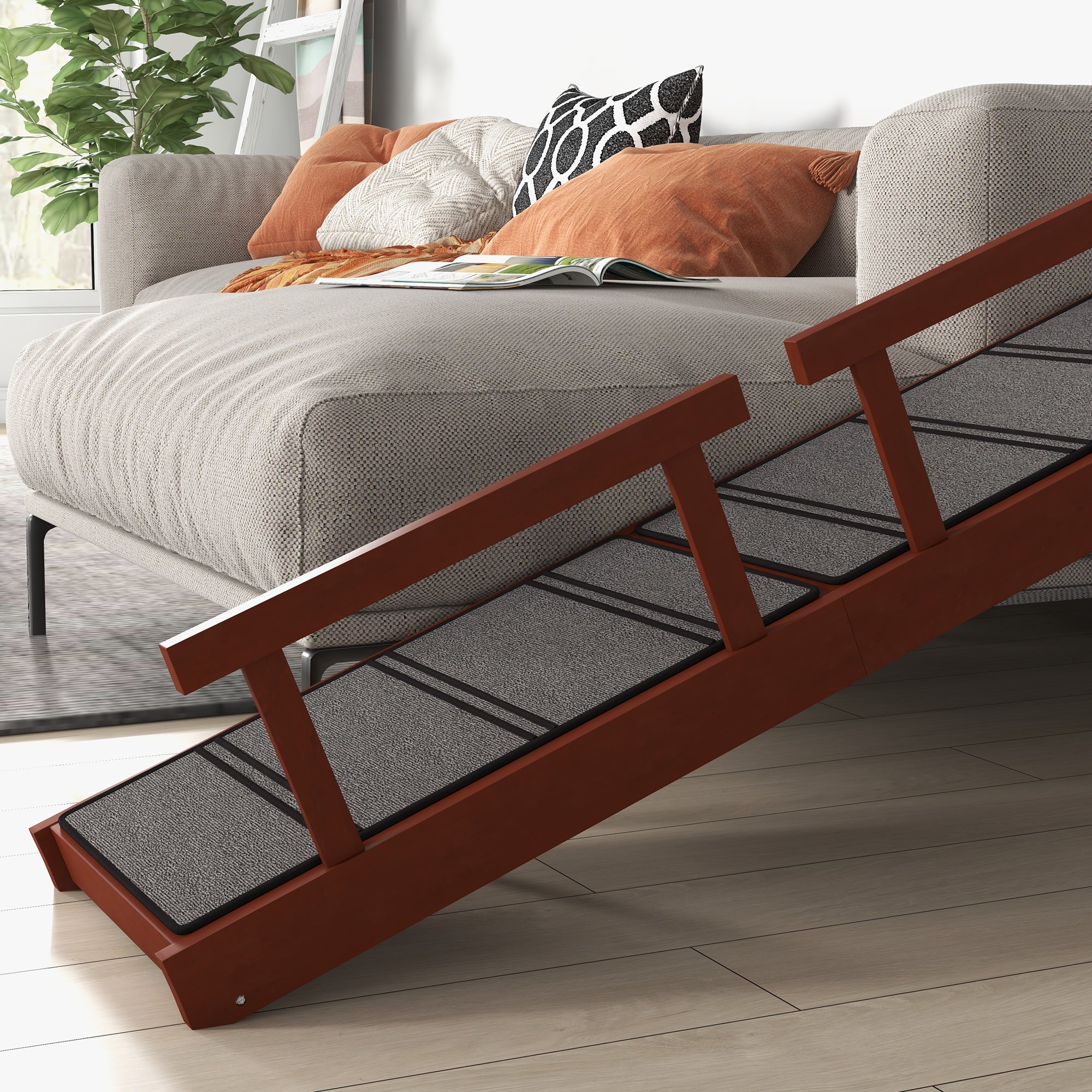 PawHut Dog Ramp, Dog Stairs for Small, Medium & Large Dogs, Pet Ramp for Bed or Couch with Removable Guardrails, Non-Slip Surface, 60" Long, Brown