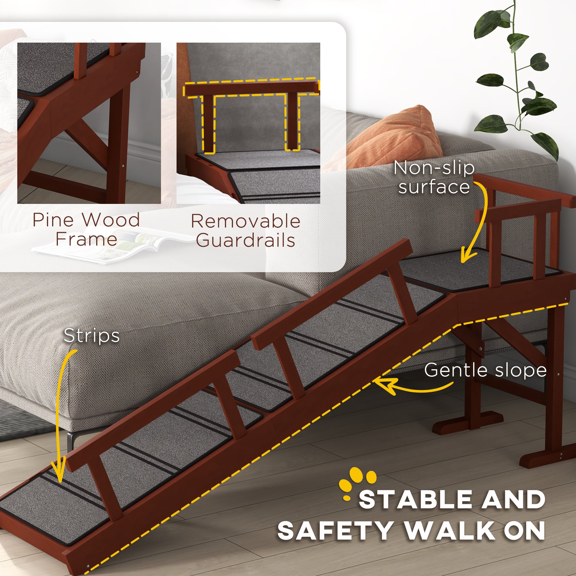 PawHut Dog Ramp, Dog Stairs for Small, Medium & Large Dogs, Pet Ramp for Bed or Couch with Removable Guardrails, Non-Slip Surface, 60" Long, Brown