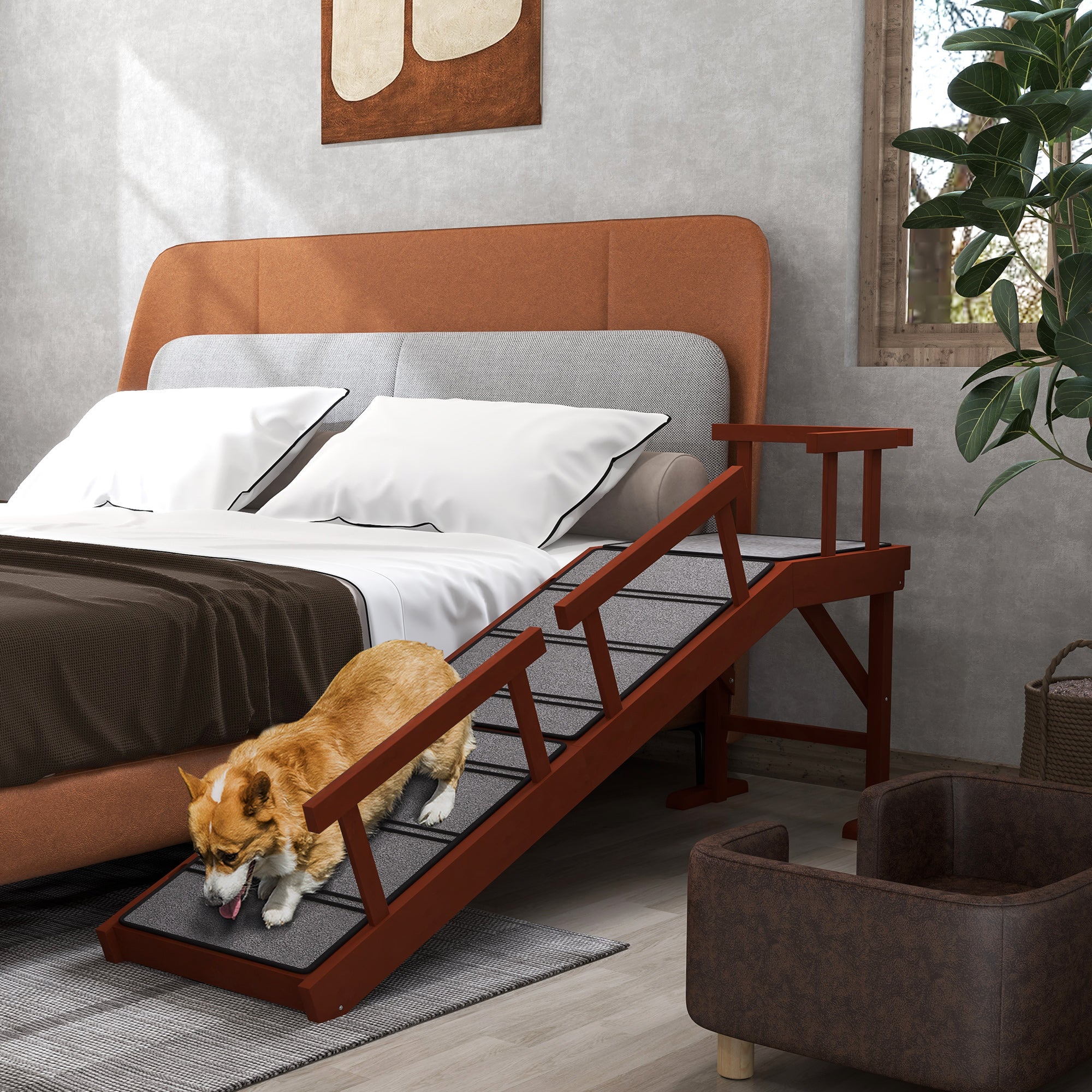PawHut Dog Ramp, Dog Stairs for Small, Medium & Large Dogs, Pet Ramp for Bed or Couch with Removable Guardrails, Non-Slip Surface, 60" Long, Brown