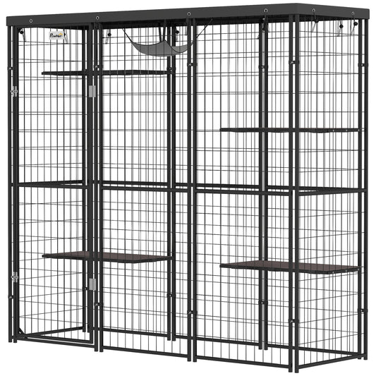 4-Level 69" Large Catio Outdoor Indoor Weld Wire, Cat Enclosure with Waterproof Cover, 4 Jumping Platforms, Hammock, Cat Shelter for 1-3 Kittens, 69" x 22" x 62", Black