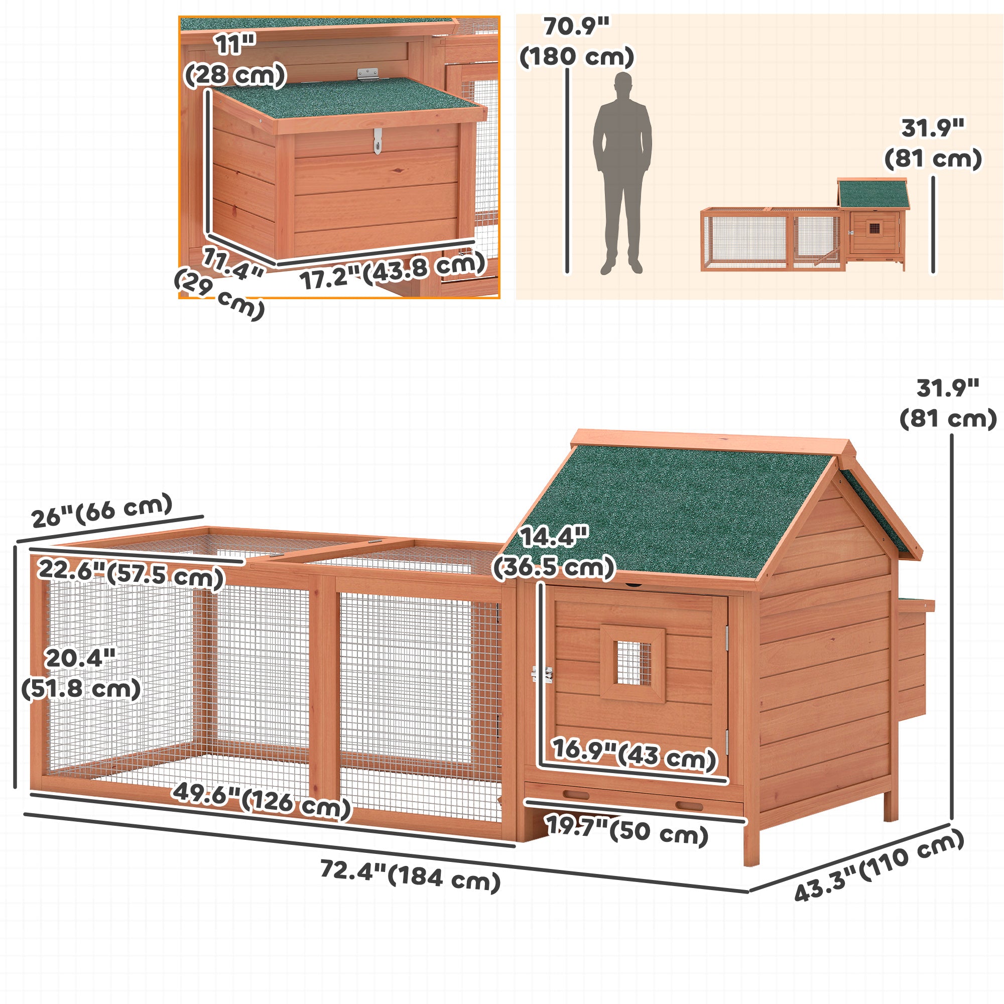 72" Chicken Coop, Wooden Hen House for 2 Chickens, Poultry Cage with Run, Nesting Box, Removable Tray, Waterproof Roof, Ramp, Perch,Duck House Rabbit Hutch, Orange