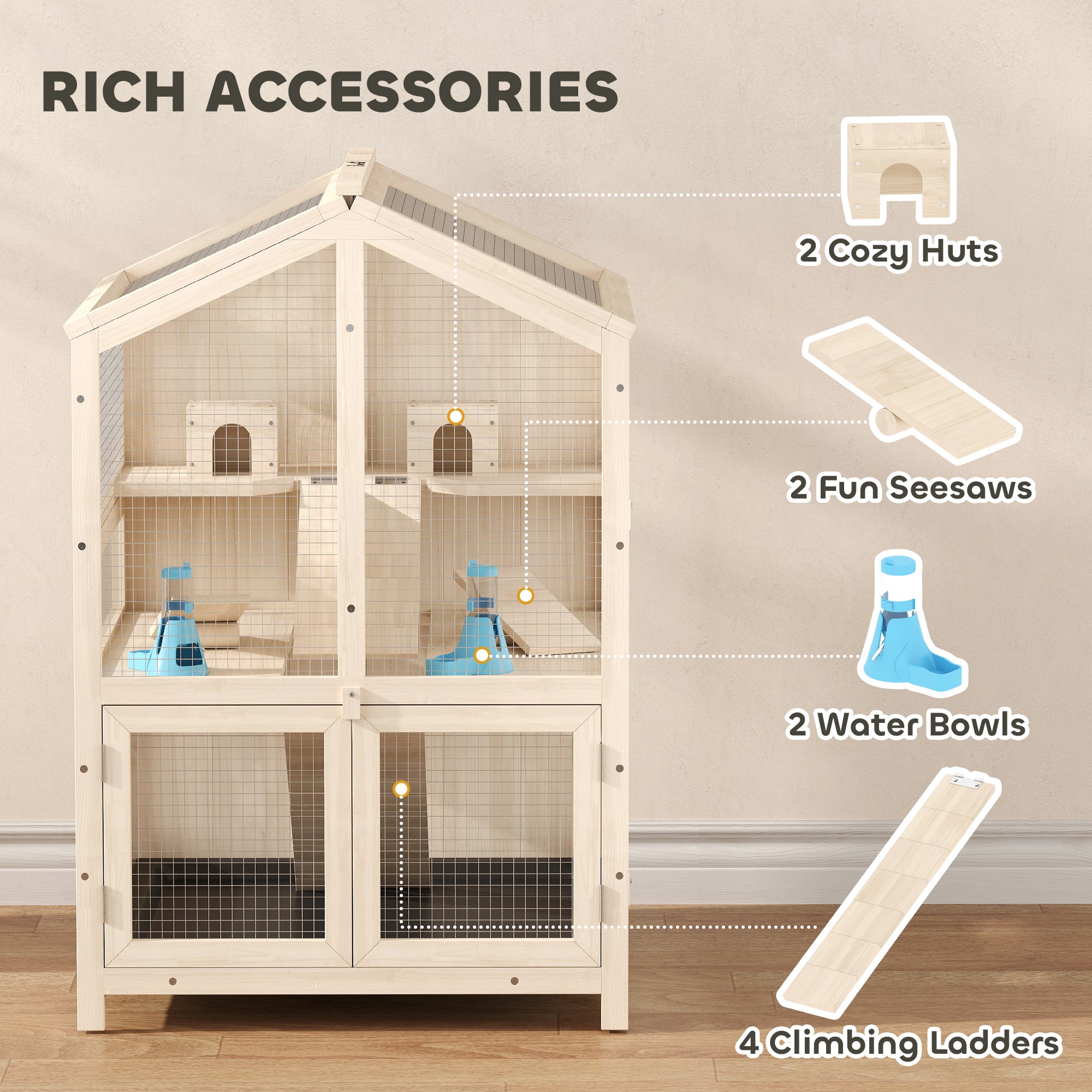 Wooden Hamster Cage, Large 3 Tier Hamster Cage w/ Pull-Out Tray, Openable Tops, Huts, Seesaws, Ramps, Water Bowls, for Small Animals, Guinea Pigs, Rats, Bunnies, Gerbils, 26.8" x 24.2" x 35.4"