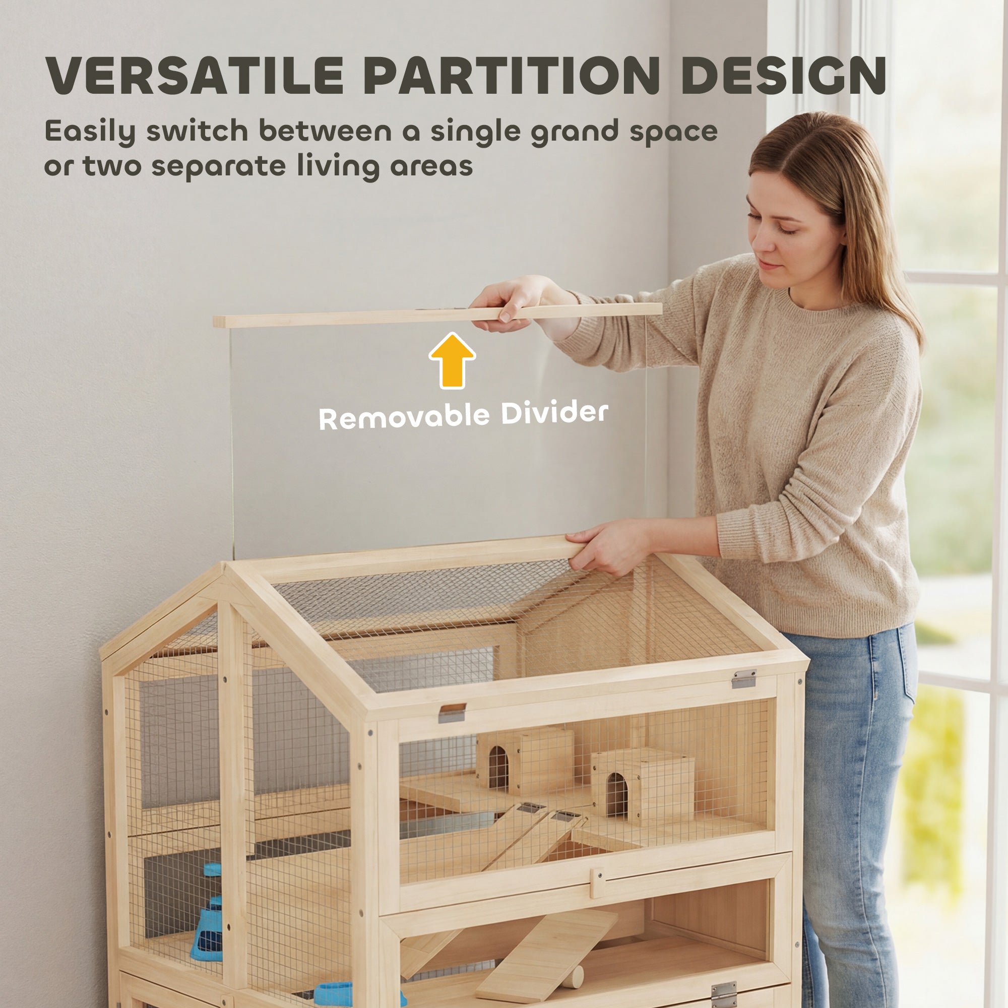 Wooden Hamster Cage, Large 3 Tier Hamster Cage w/ Pull-Out Tray, Openable Tops, Huts, Seesaws, Ramps, Water Bowls, for Small Animals, Guinea Pigs, Rats, Bunnies, Gerbils, 26.8" x 24.2" x 35.4"