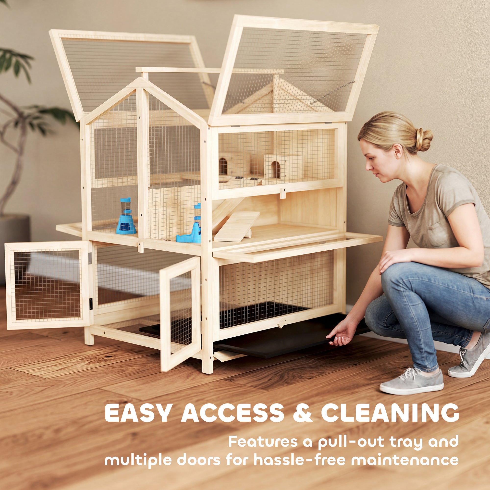 Wooden Hamster Cage, Large 3 Tier Hamster Cage w/ Pull-Out Tray, Openable Tops, Huts, Seesaws, Ramps, Water Bowls, for Small Animals, Guinea Pigs, Rats, Bunnies, Gerbils, 26.8" x 24.2" x 35.4"