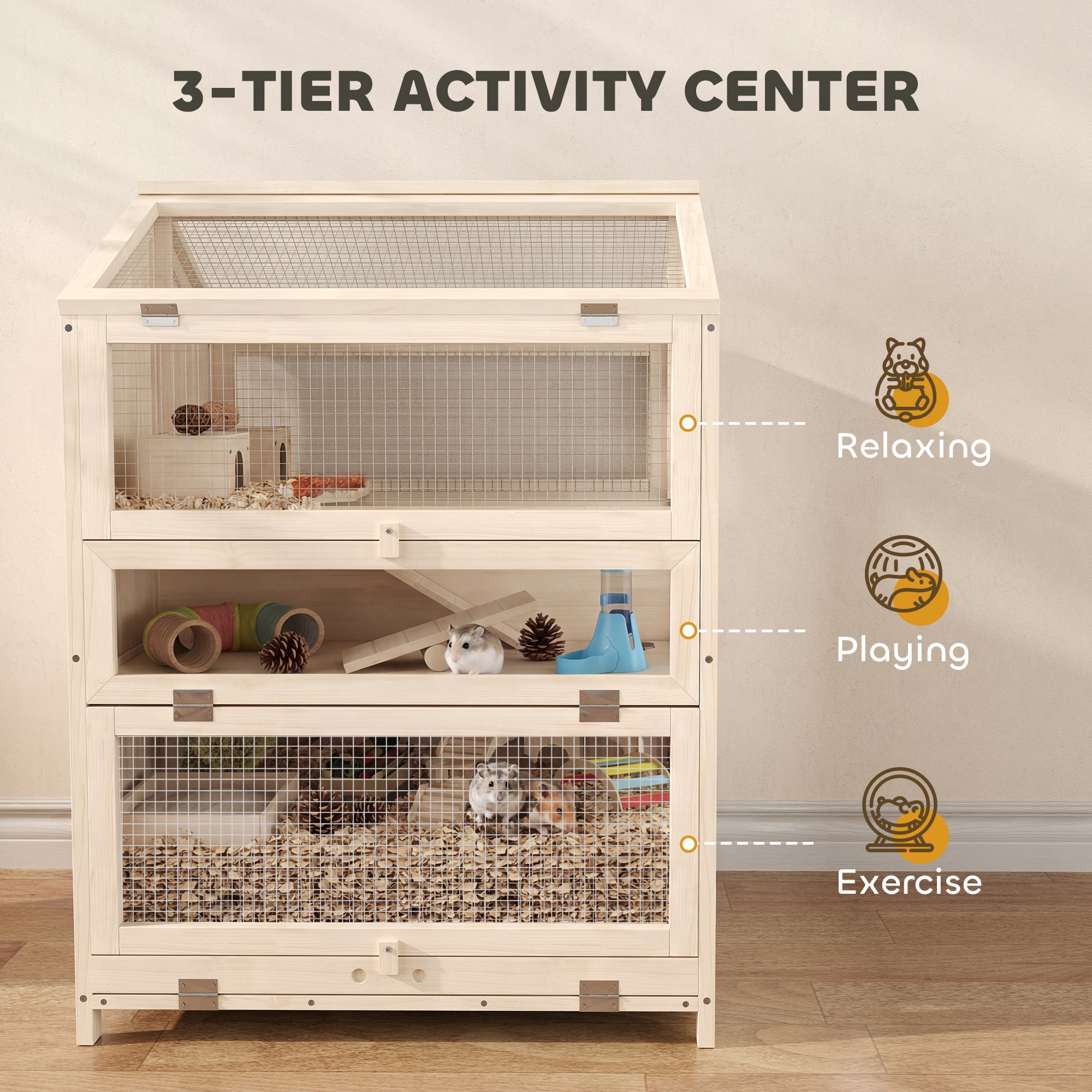 Wooden Hamster Cage, Large 3 Tier Hamster Cage w/ Pull-Out Tray, Openable Tops, Huts, Seesaws, Ramps, Water Bowls, for Small Animals, Guinea Pigs, Rats, Bunnies, Gerbils, 26.8" x 24.2" x 35.4"