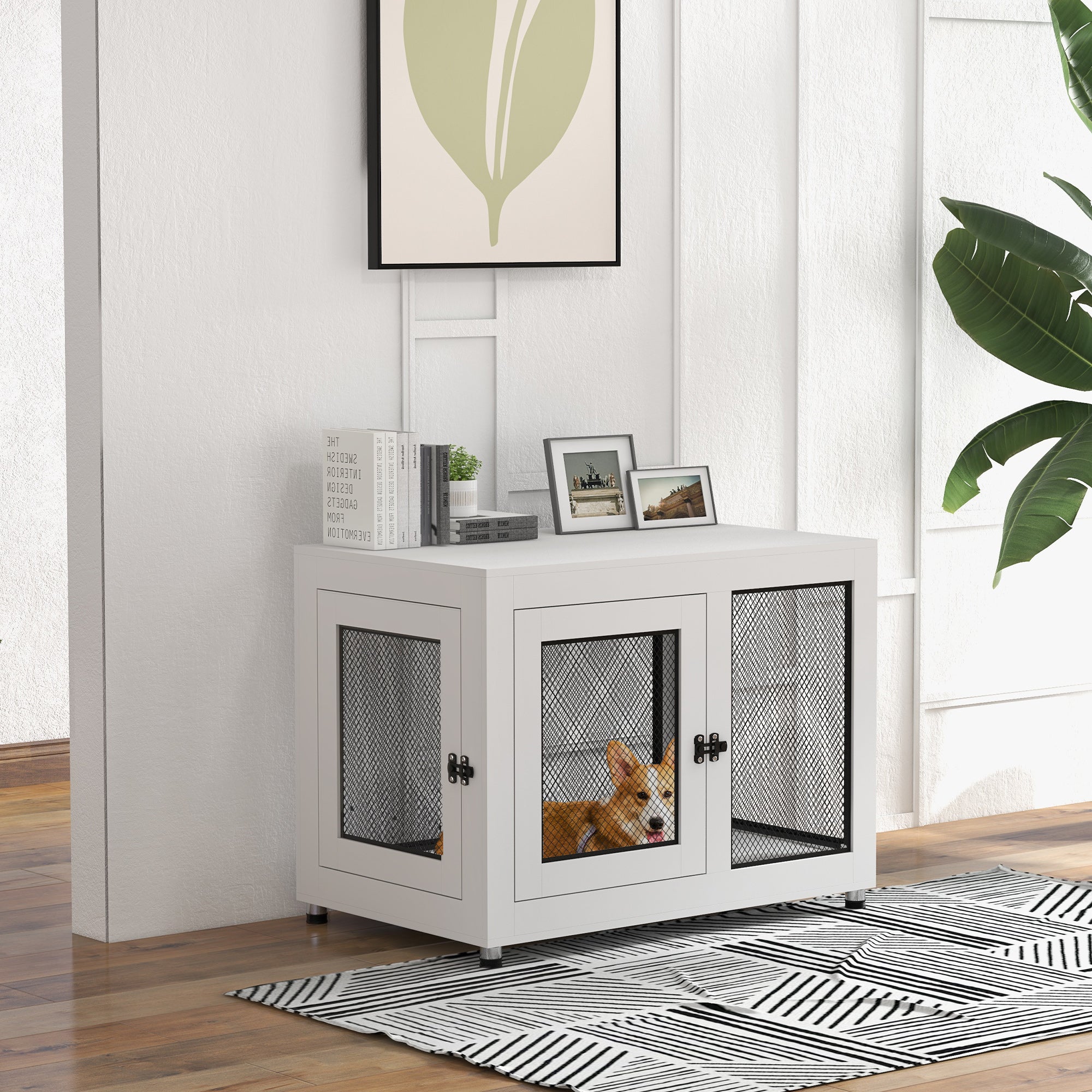 Dog Crate Furniture End Table w/ Soft Washable Cushion, Two Doors, Indoor Pet Kennel for Small Medium Large Dogs w/ Wire Mesh, White