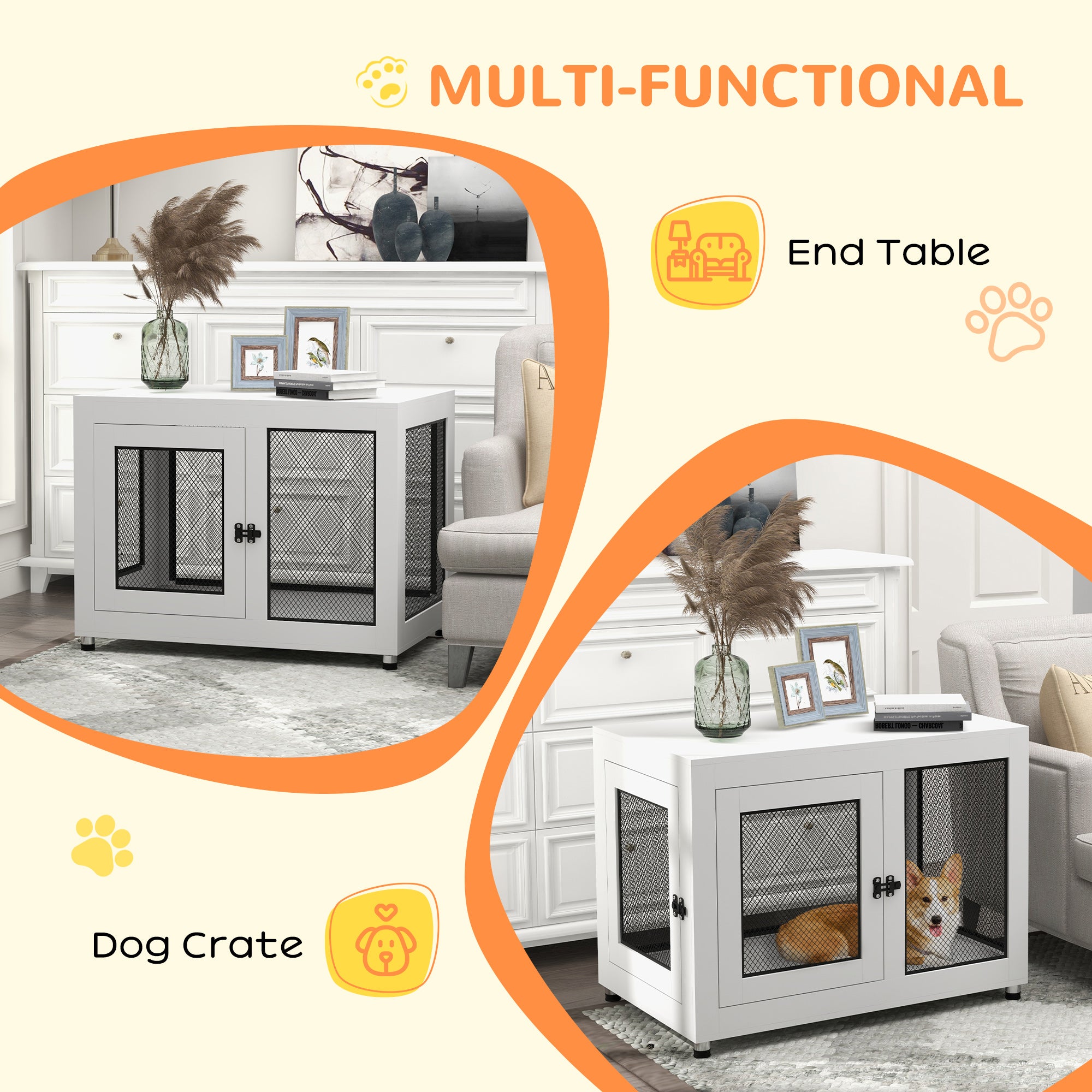 Dog Crate Furniture End Table w/ Soft Washable Cushion, Two Doors, Indoor Pet Kennel for Small Medium Large Dogs w/ Wire Mesh, White