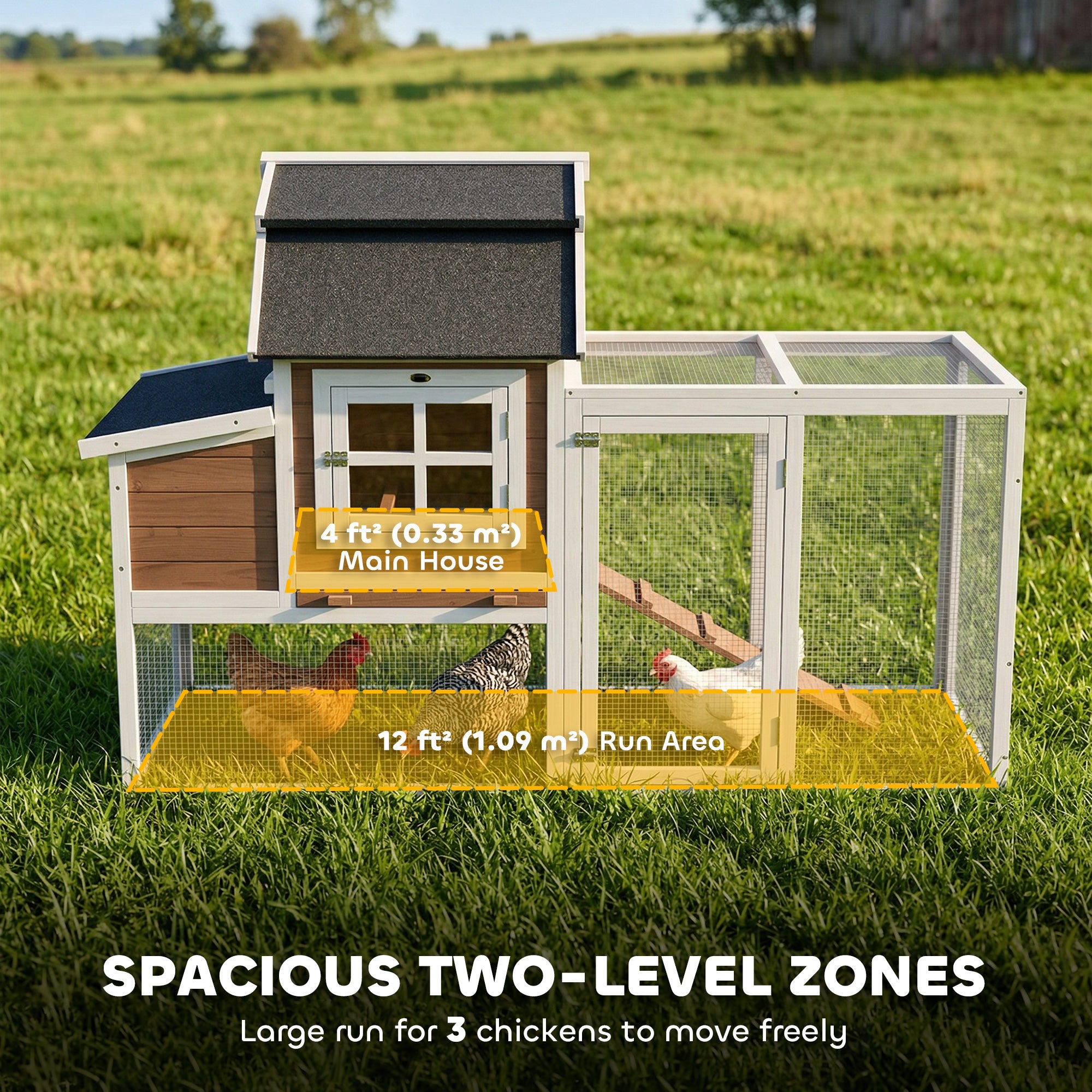 71" Chicken Coop for 3 Chickens, Wooden Hen House Outdoor Duck House with Run, Removable Tray, Nesting Box, Waterproof Asphalt Roof, Ramp and Perches, Bunny Hutch, Brown