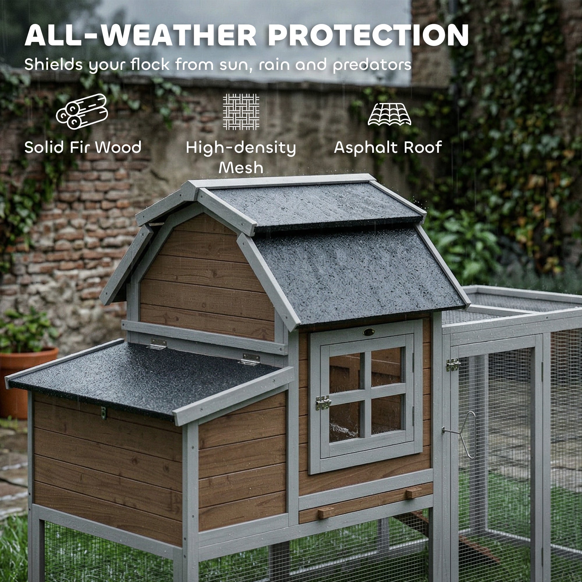 71" Chicken Coop for 3 Chickens, Wooden Hen House Outdoor Duck House with Run, Removable Tray, Nesting Box, Waterproof Asphalt Roof, Ramp and Perches, Bunny Hutch, Brown