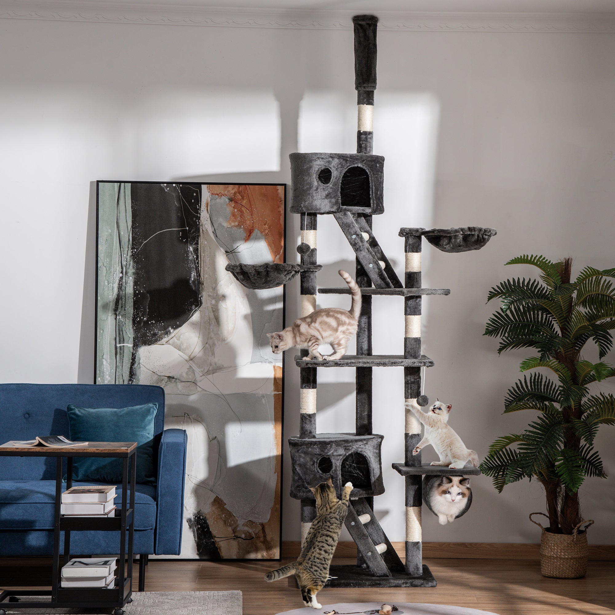 Cat Tower for Large Cats Adult, Floor to Ceiling Cat Tree Adjustable Height 94"-102" Multi-Level with Scratching Posts, Cozy Hammock, Dangling Ball Toy, Grey