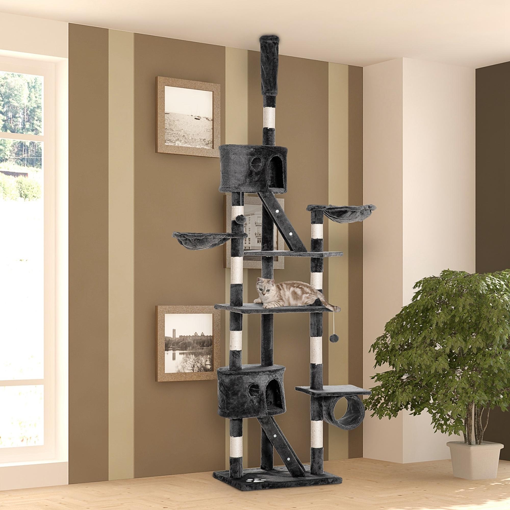 Cat Tower for Large Cats Adult, Floor to Ceiling Cat Tree Adjustable Height 94"-102" Multi-Level with Scratching Posts, Cozy Hammock, Dangling Ball Toy, Grey