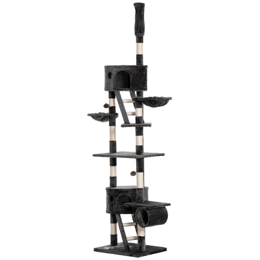 Cat Tower for Large Cats Adult, Floor to Ceiling Cat Tree Adjustable Height 94"-102" Multi-Level with Scratching Posts, Cozy Hammock, Dangling Ball Toy, Grey