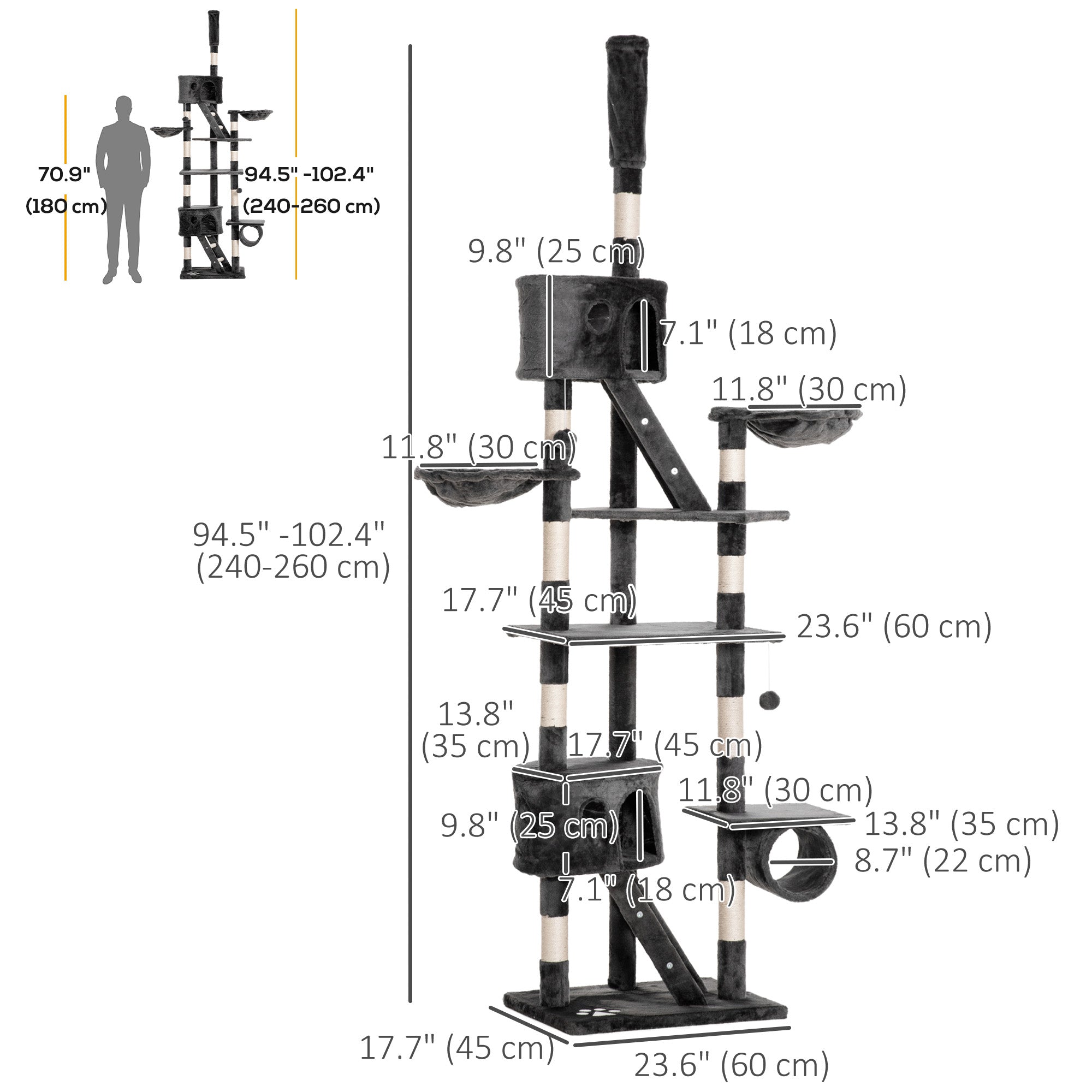 Cat Tower for Large Cats Adult, Floor to Ceiling Cat Tree Adjustable Height 94"-102" Multi-Level with Scratching Posts, Cozy Hammock, Dangling Ball Toy, Grey