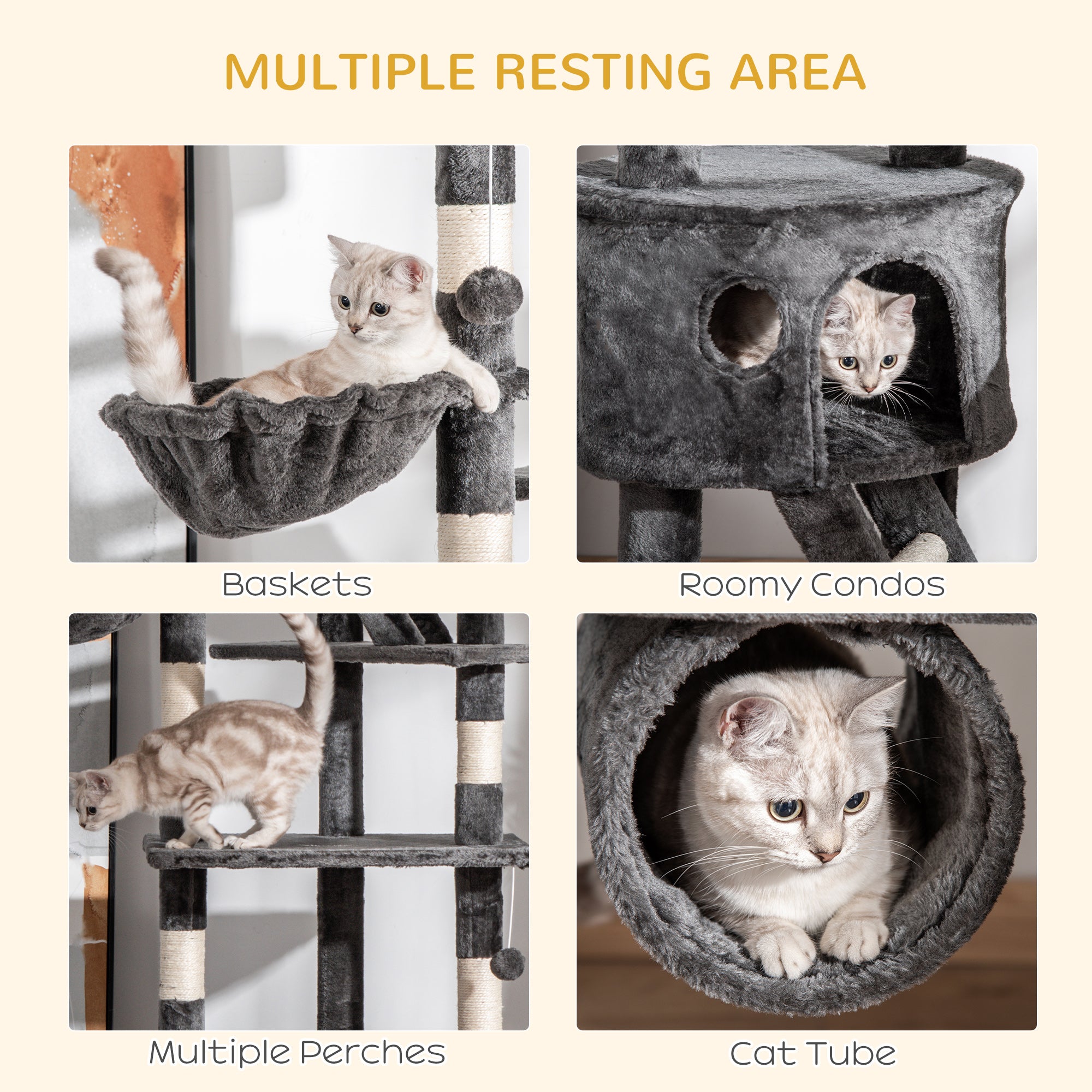 Cat Tower for Large Cats Adult, Floor to Ceiling Cat Tree Adjustable Height 94"-102" Multi-Level with Scratching Posts, Cozy Hammock, Dangling Ball Toy, Grey