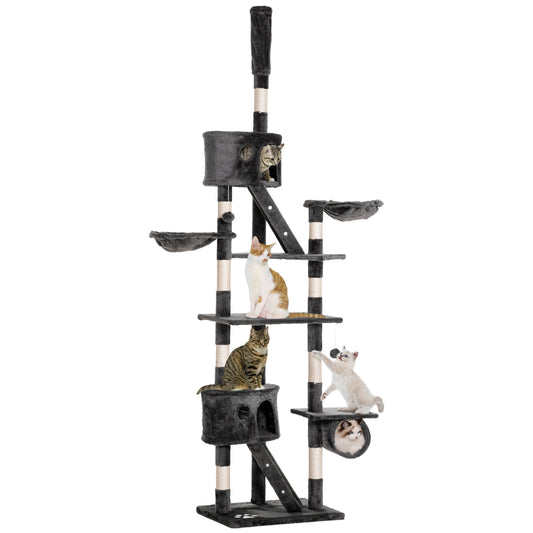 Cat Tower for Large Cats Adult, Floor to Ceiling Cat Tree Adjustable Height 94"-102" Multi-Level with Scratching Posts, Cozy Hammock, Dangling Ball Toy, Grey