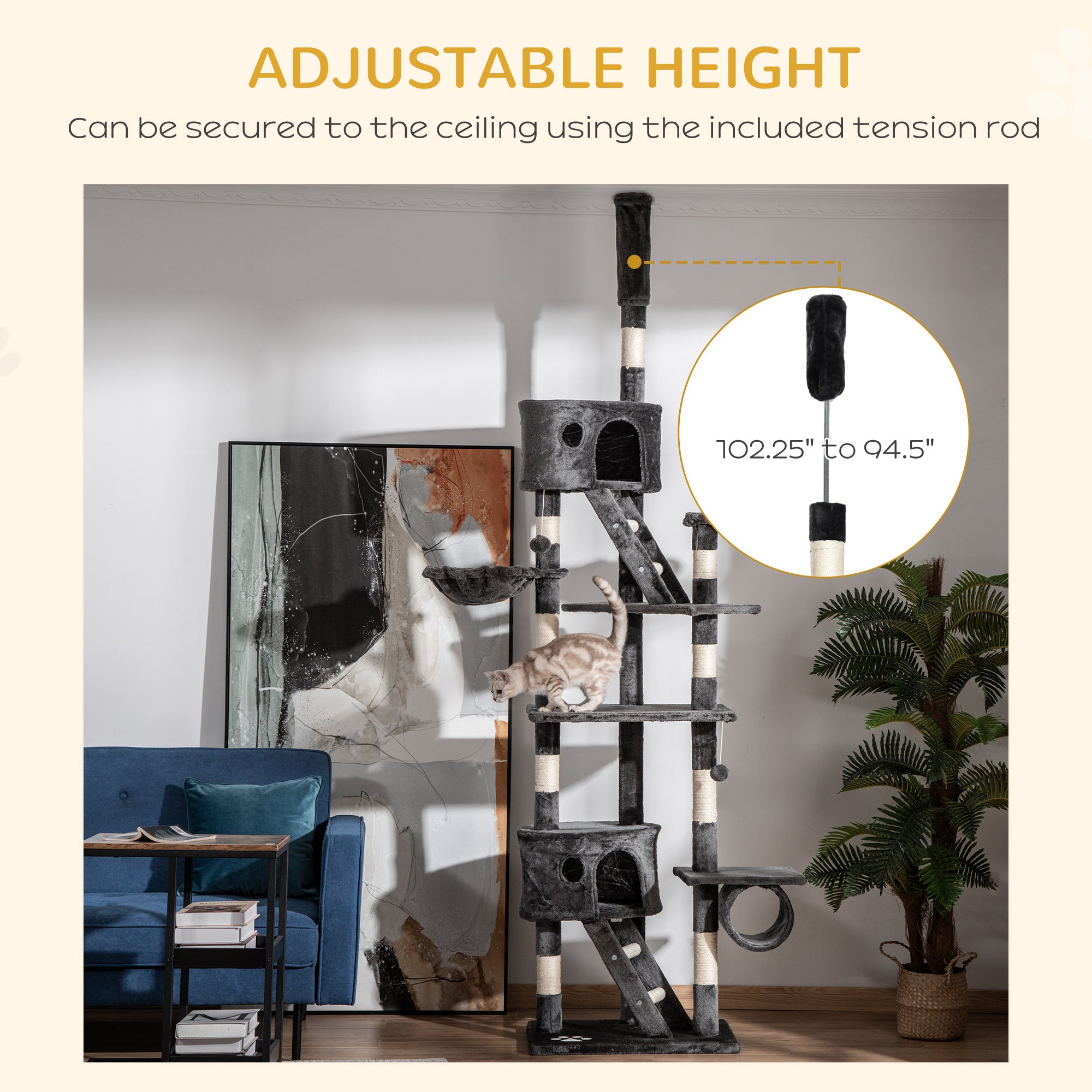 Cat Tower for Large Cats Adult, Floor to Ceiling Cat Tree Adjustable Height 94"-102" Multi-Level with Scratching Posts, Cozy Hammock, Dangling Ball Toy, Grey