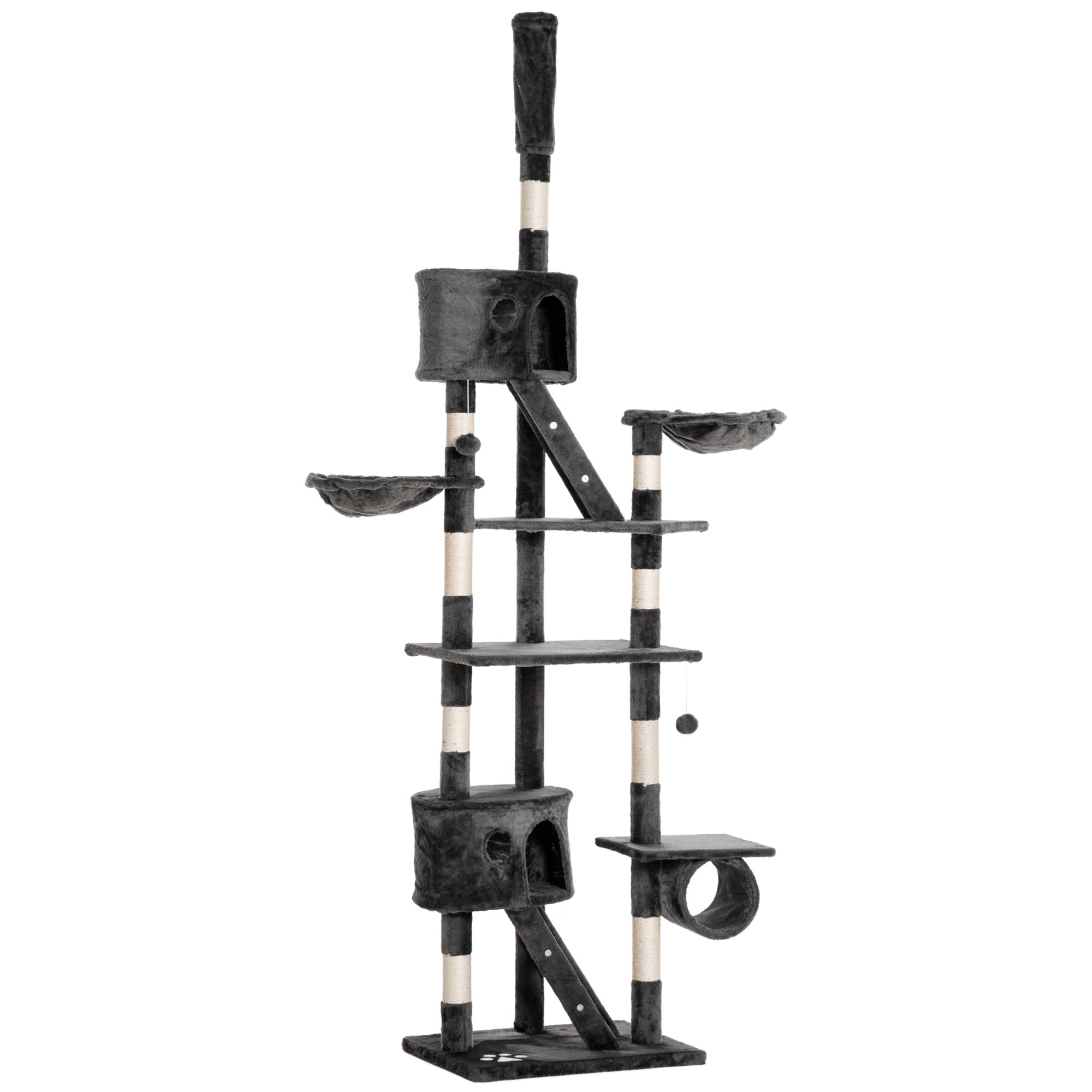 Cat Tower for Large Cats Adult, Floor to Ceiling Cat Tree Adjustable Height 94"-102" Multi-Level with Scratching Posts, Cozy Hammock, Dangling Ball Toy, Grey