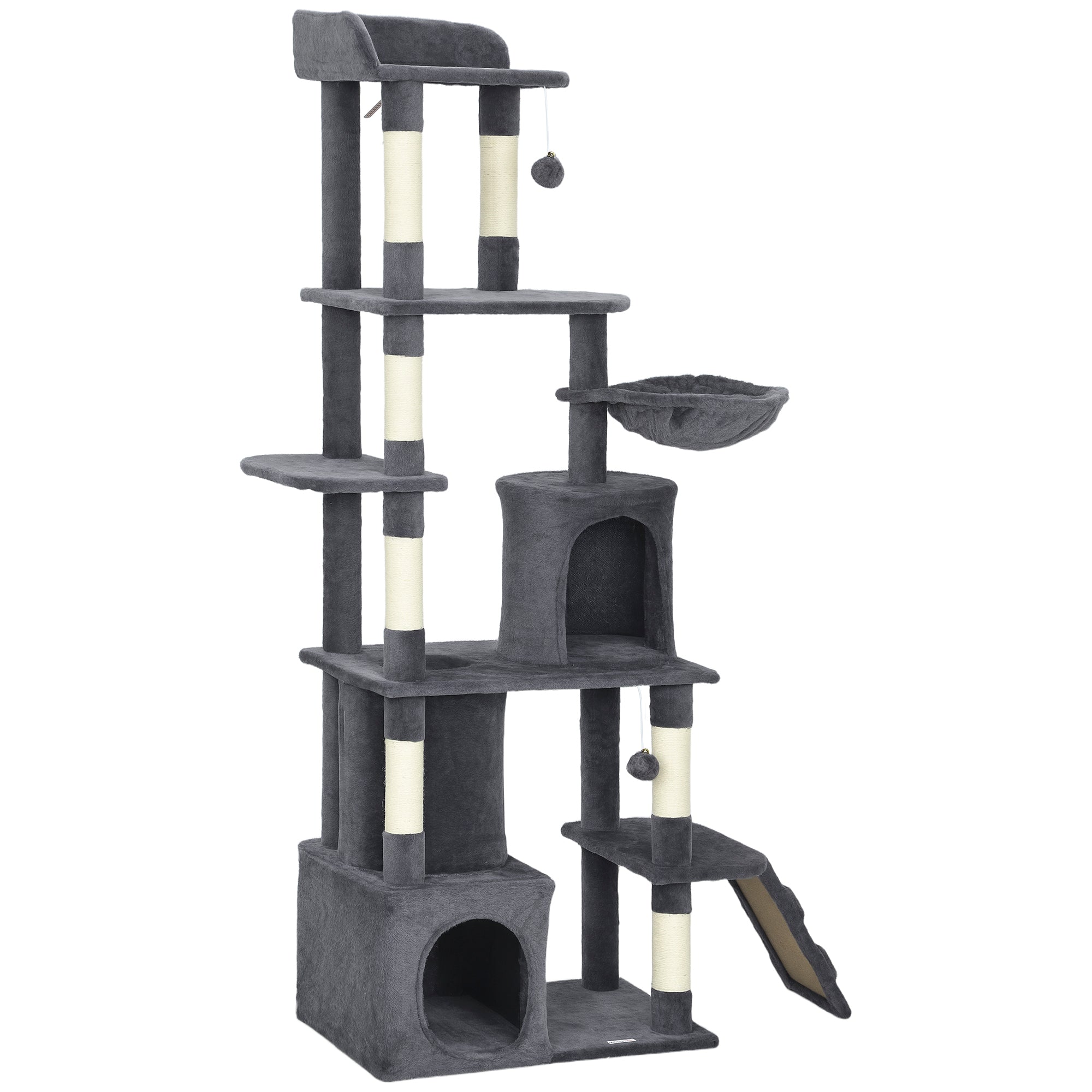 Cat Tree, 67" Large Cat Tower for Indoor Kittens Multi-Level with 7 Scratching Posts, Tunnel, 2 Plush Condos, Hammock, Perch, Ramp, Pompoms, Dark Grey