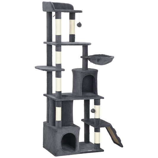 Cat Tree, 67" Large Cat Tower for Indoor Kittens Multi-Level with 7 Scratching Posts, Tunnel, 2 Plush Condos, Hammock, Perch, Ramp, Pompoms, Dark Grey
