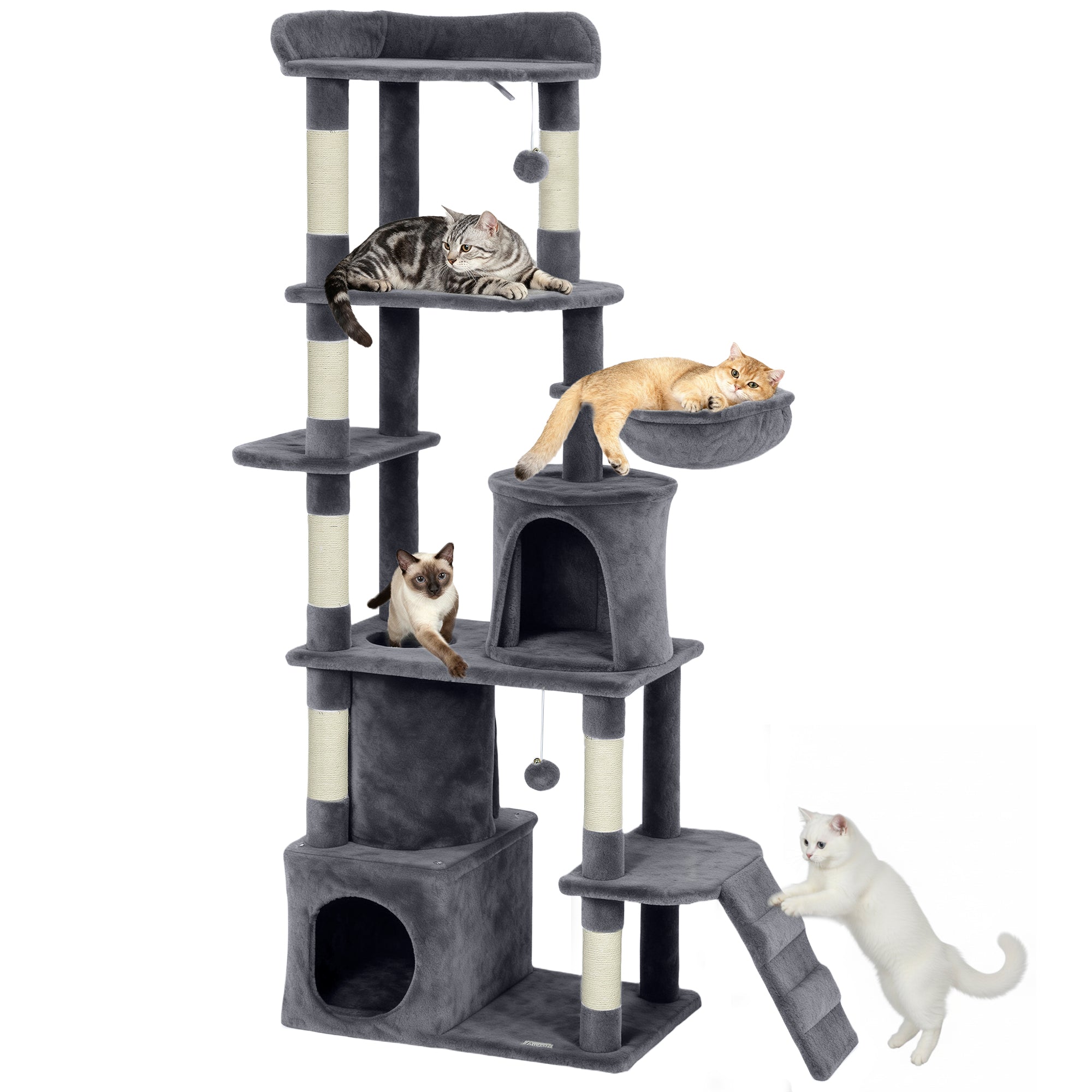Cat Tree, 67" Large Cat Tower for Indoor Kittens Multi-Level with 7 Scratching Posts, Tunnel, 2 Plush Condos, Hammock, Perch, Ramp, Pompoms, Dark Grey