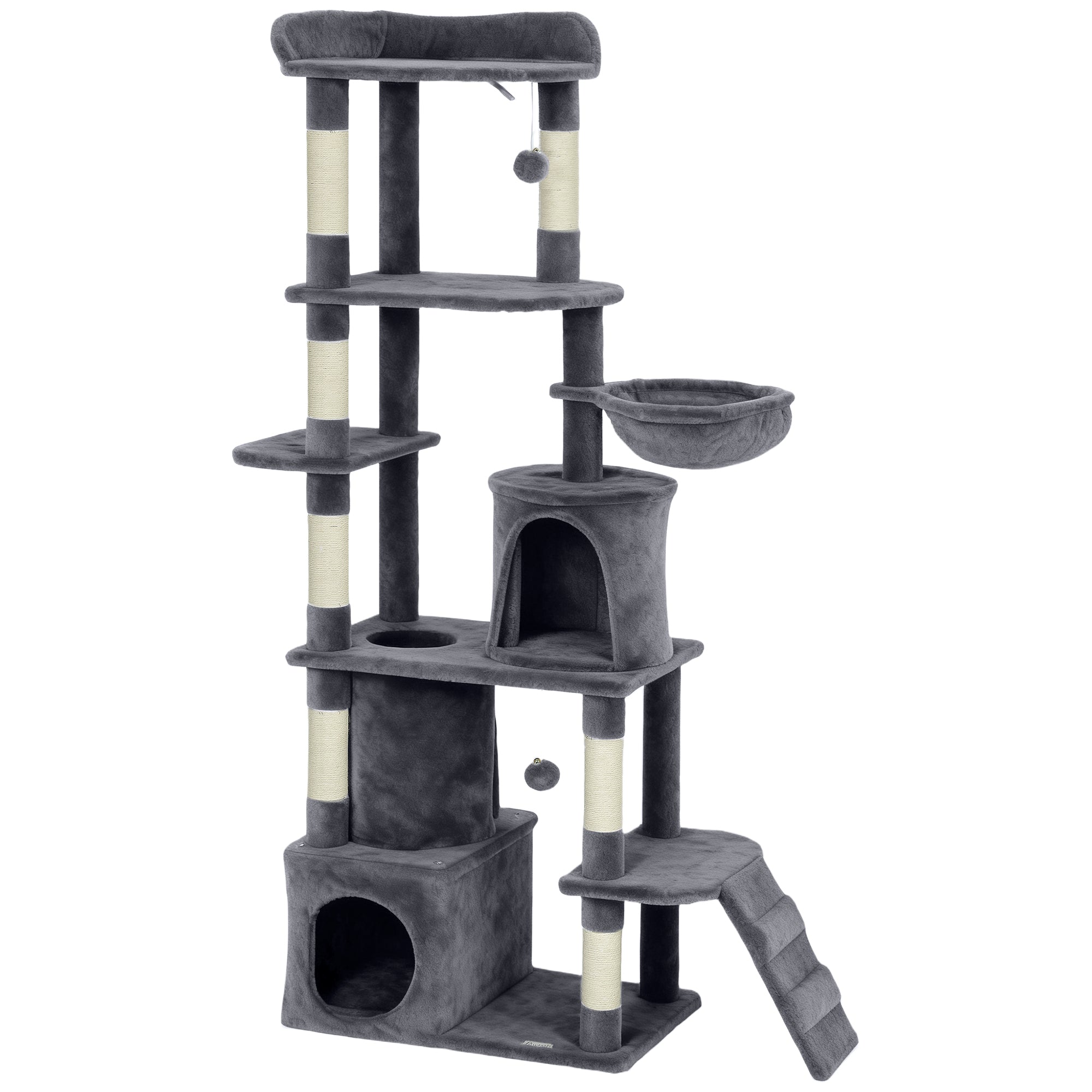 Cat Tree, 67" Large Cat Tower for Indoor Kittens Multi-Level with 7 Scratching Posts, Tunnel, 2 Plush Condos, Hammock, Perch, Ramp, Pompoms, Dark Grey