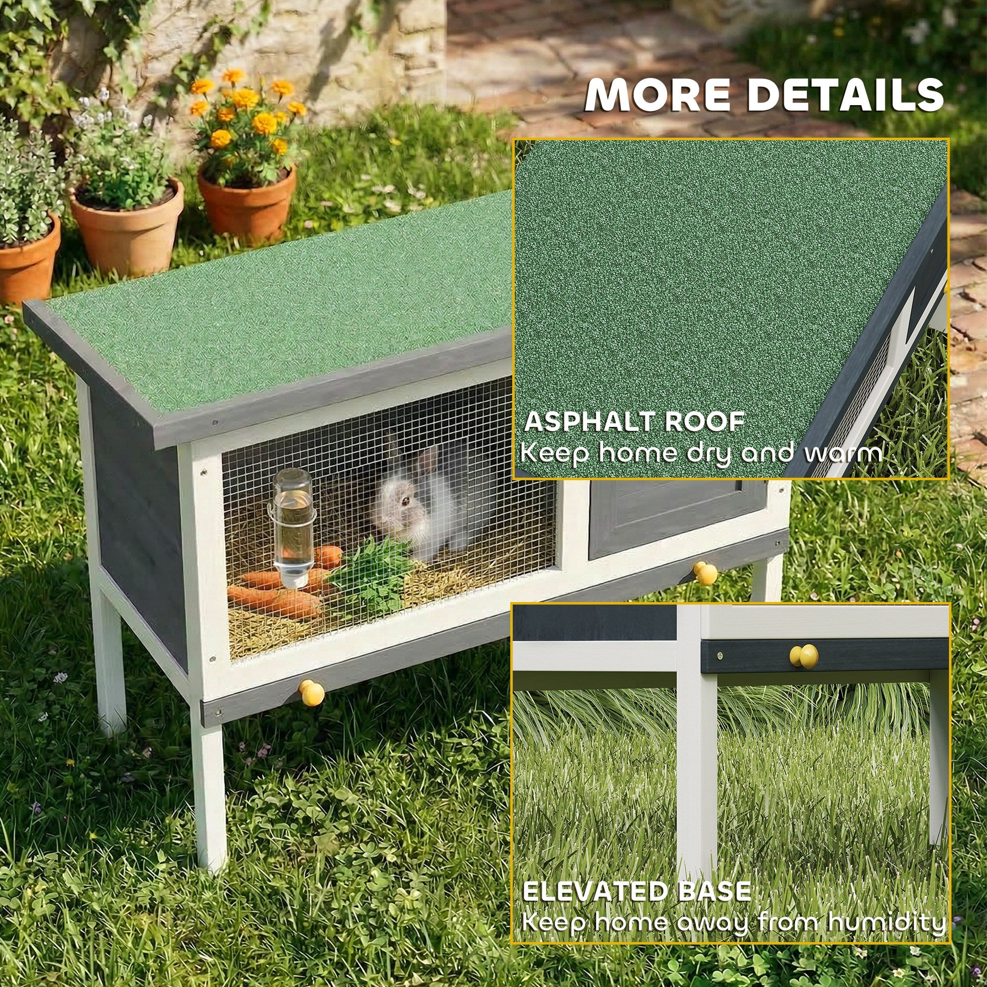 Wooden Rabbit Hutch, Guinea Pig Hutch with Openable Asphalt Roof and Pull-Out Tray, Outdoor Elevated Bunny House for Rabbits, Chinchillas and Small Animals, Indoor Outdoor Use, Grey