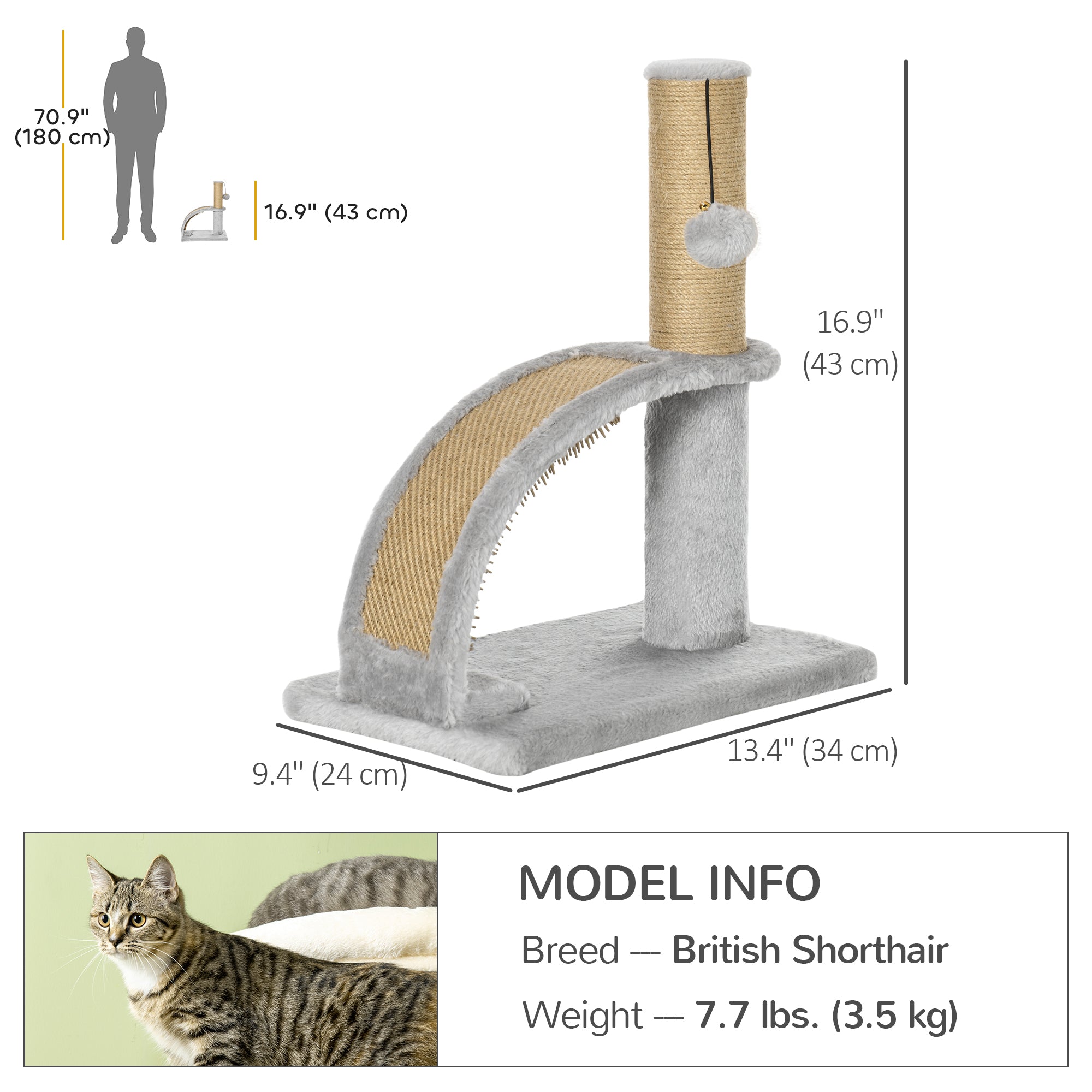 Cat Tree, 17" Small Cat Tower with Jute Scratching Post, Kitten Climbing Activity Centre with Curved Scratching Board, Dangling Ball with Bell, Grey