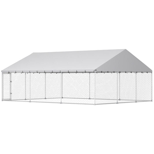 Outdoor Dog Kennel, 20' x 15' x 8', Heavy Duty Large Dog Kennel Outside w/ Waterproof Roof, Galvanized Chain Link Pet Enclosure w/ 2 Secure Locks, for Large Breed, Chicken, Duck