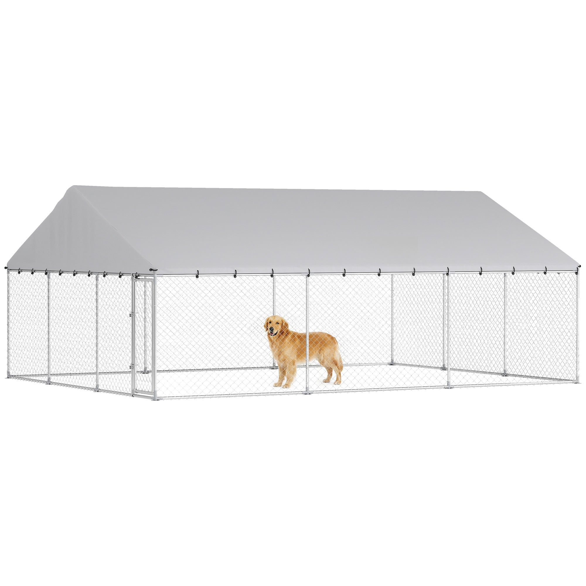 Outdoor Dog Kennel, 20' x 15' x 8', Heavy Duty Large Dog Kennel Outside w/ Waterproof Roof, Galvanized Chain Link Pet Enclosure w/ 2 Secure Locks, for Large Breed, Chicken, Duck