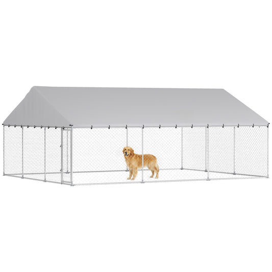 Outdoor Dog Kennel, 20' x 15' x 8', Heavy Duty Large Dog Kennel Outside w/ Waterproof Roof, Galvanized Chain Link Pet Enclosure w/ 2 Secure Locks, for Large Breed, Chicken, Duck