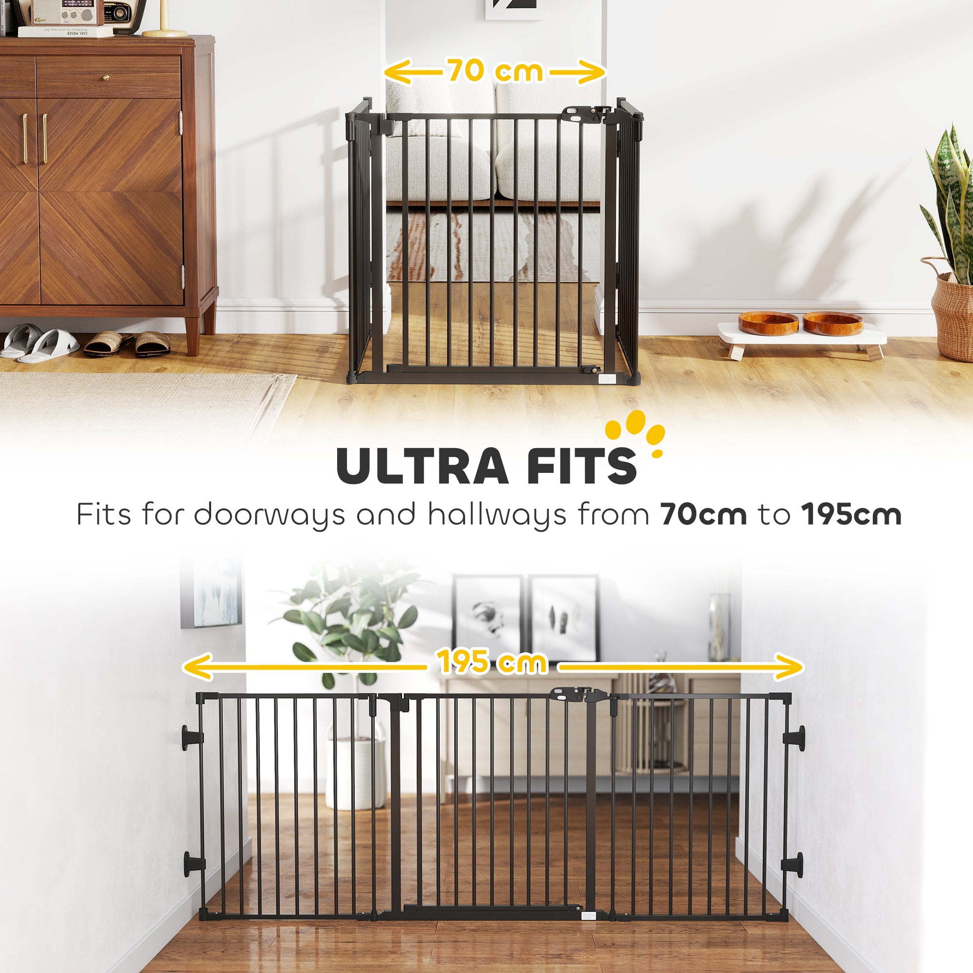 Foldable Dog Gate with Door, 3 Panel Metal Pet Gate for Stairs, Doorways, Hallways and Fireplace, Auto-Close Safety Gate, 202.5 x 76 cm, Black