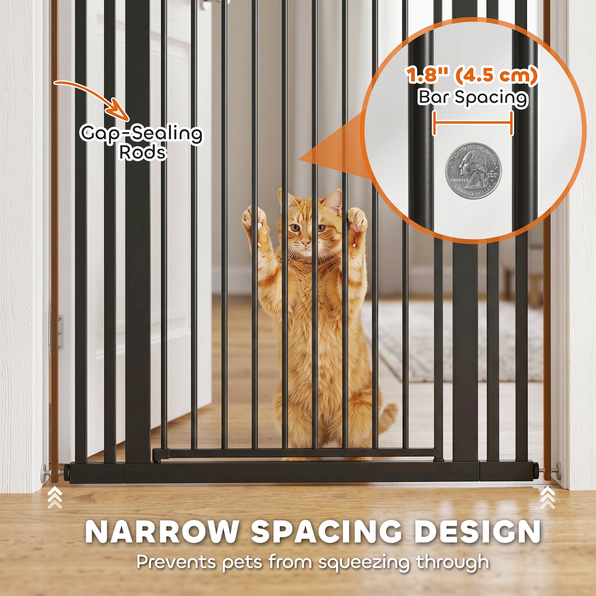 63" Extra Tall Pet Gate for Cats and Dogs, 30-41" Wide Adjustable Pressure Mounted Baby Gate for Doorways, Hallways, Stairs, Includes 2 Extensions, No Drilling, Auto Close