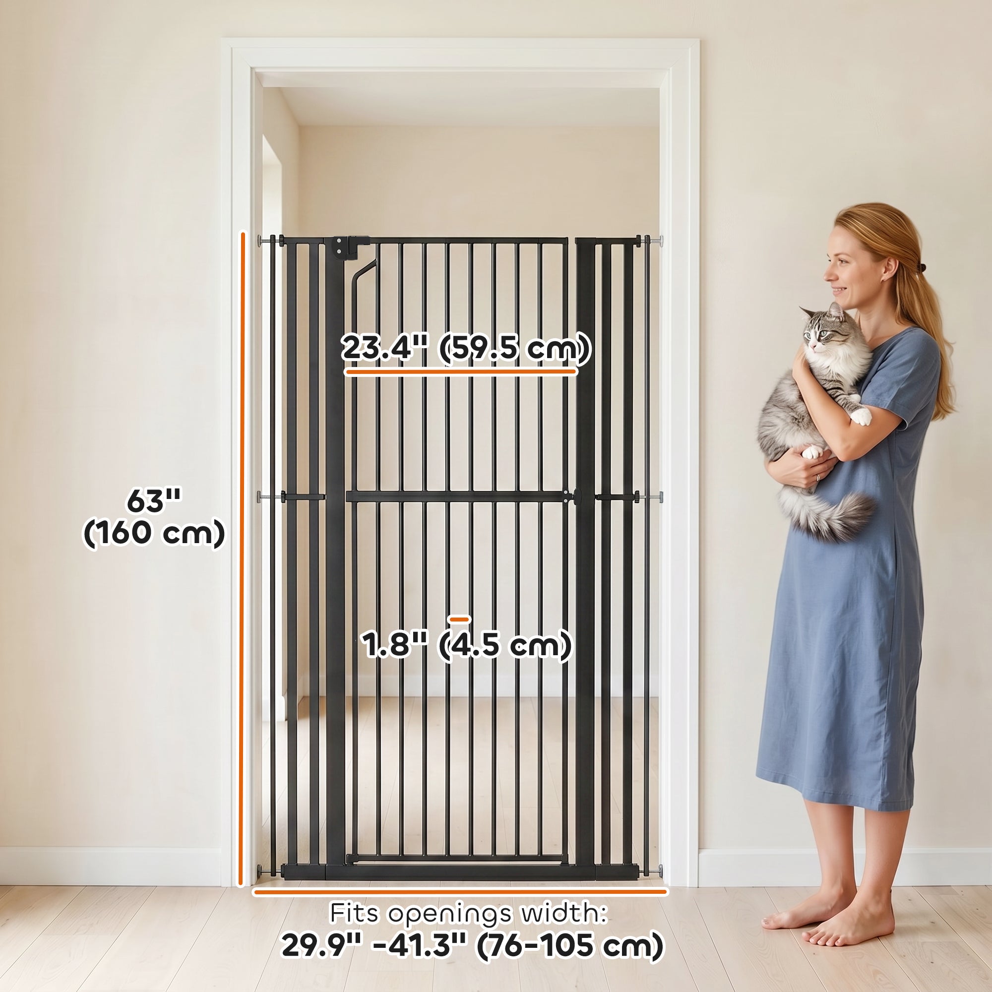 63" Extra Tall Pet Gate for Cats and Dogs, 30-41" Wide Adjustable Pressure Mounted Baby Gate for Doorways, Hallways, Stairs, Includes 2 Extensions, No Drilling, Auto Close