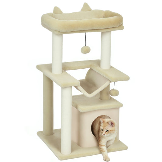 Cat Tree, 90cm Cat Tower with Sisal Scratching Posts, Cat Condo, Hammock, Top Perch and 2 Hanging Toys for Indoor Cats, Beige