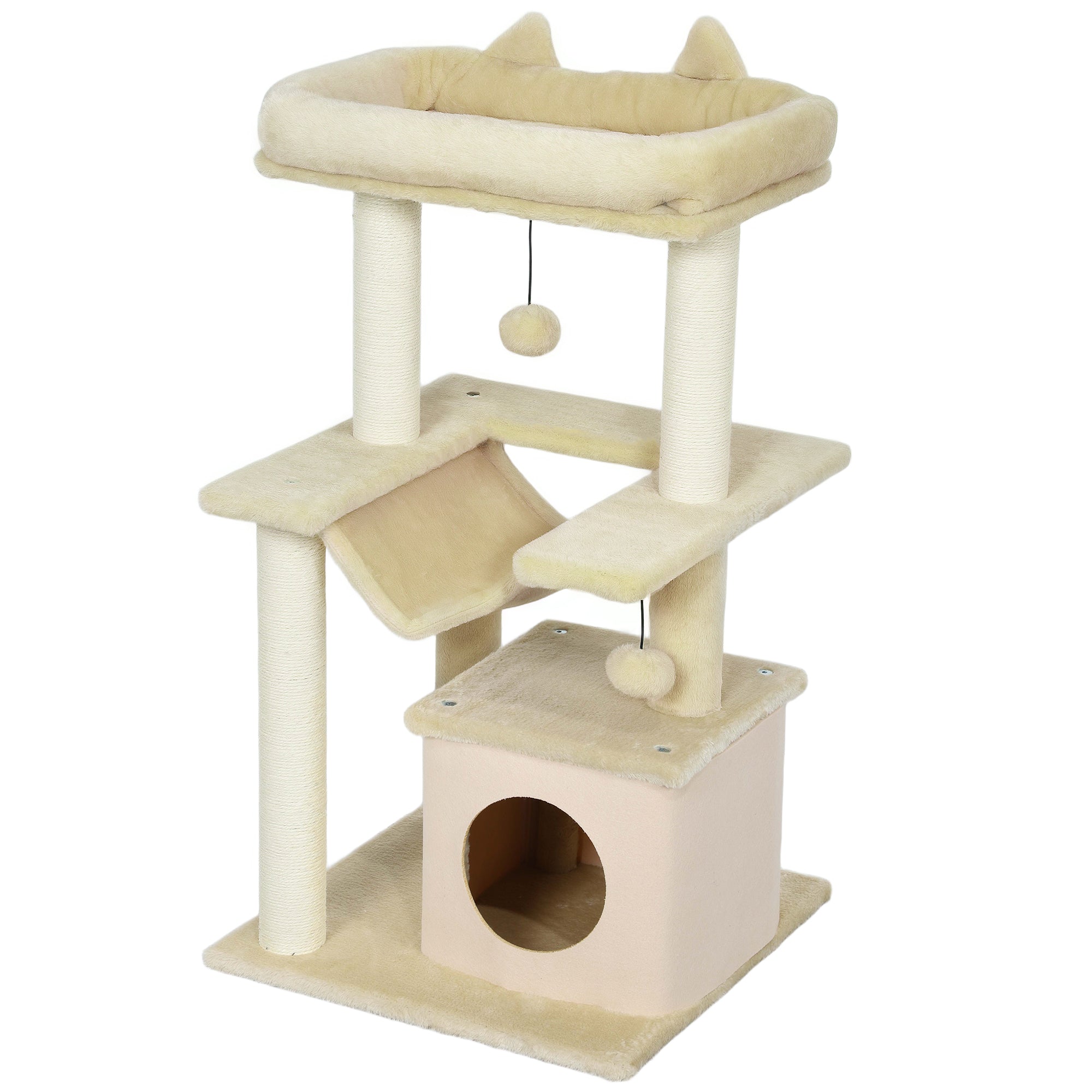 Cat Tree, 90cm Cat Tower with Sisal Scratching Posts, Cat Condo, Hammock, Top Perch and 2 Hanging Toys for Indoor Cats, Beige