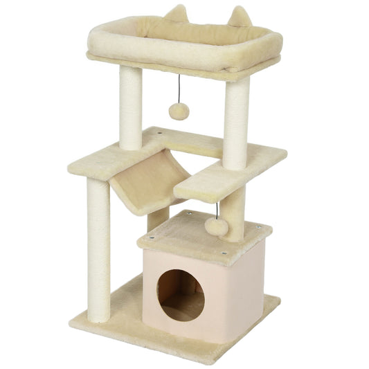 Cat Tree, 90cm Cat Tower with Sisal Scratching Posts, Cat Condo, Hammock, Top Perch and 2 Hanging Toys for Indoor Cats, Beige