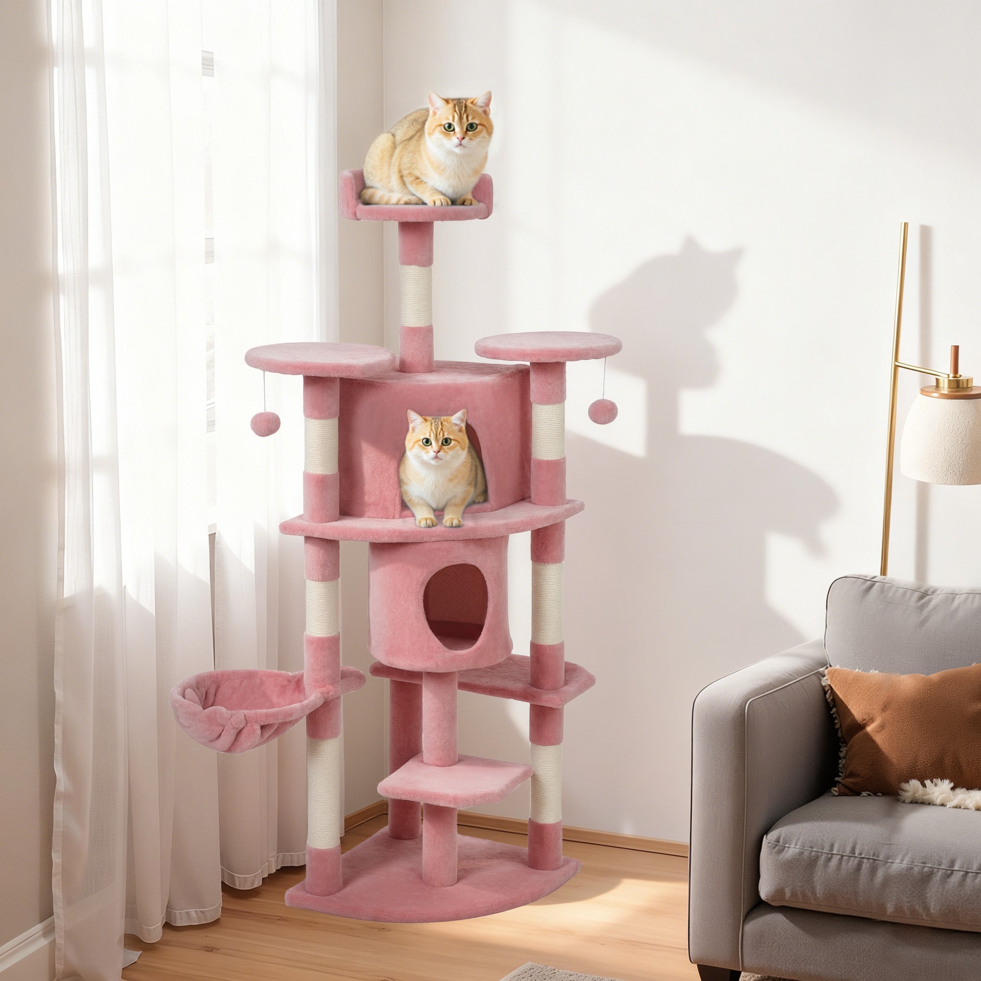 Cat Tree, 62" Multi-Level Cat Tower with Scratching Posts, 2 Condos, Hammock, Perches, Plush, Pompoms, for Indoor Kittens Playing, Resting, Sleeping, Pink